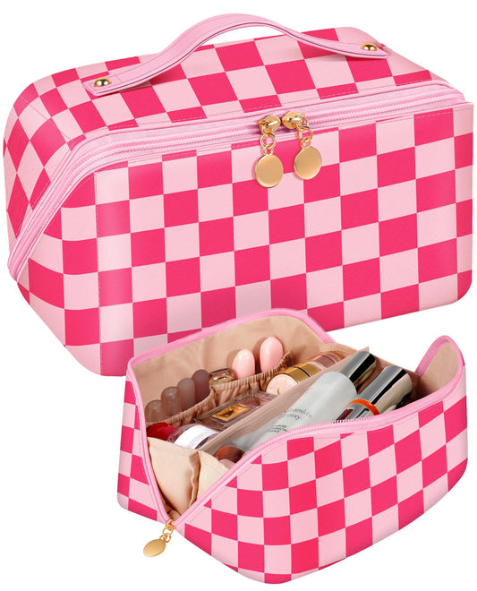 Bistup Makeup Bag Travel Cosmetic Bag Toiletry Make Up Bags Cute Women Large Capacity Big Medium Leather Checkered Plaid Hotpink Aesthetic Girl Teen Teenage Square Foldable Expandable Open Flat Zip