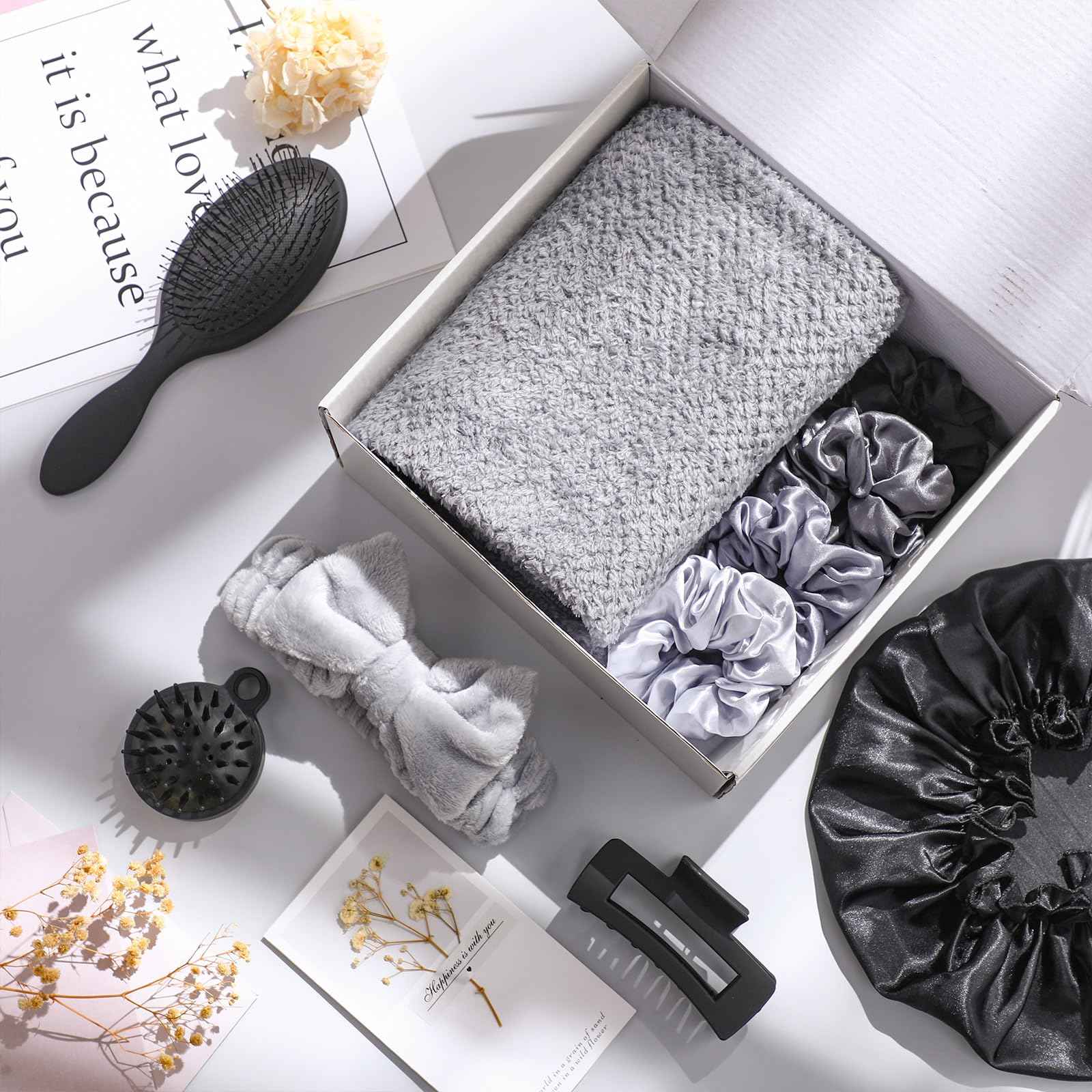 Sawysine 12 Pcs Gift Basket for Women Black Hair Care Accessories Set Spa Kit for Women's Birthday Christmas Mother's Day Gift Stuff