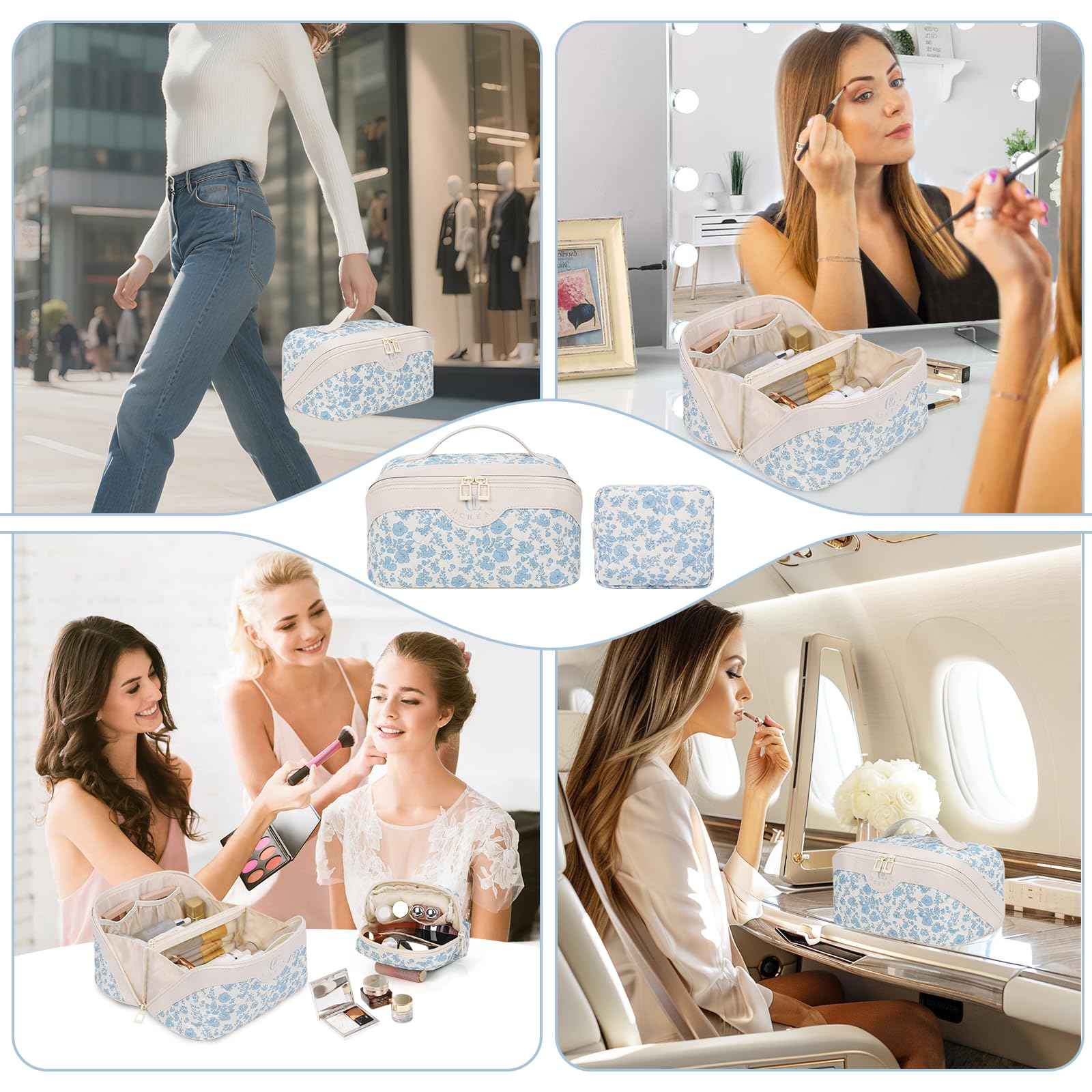 Travel Makeup Bag Organizer Cosmetic Bag, 2Pcs Floral Make up Bag Portable Pouch Open Flat Pouch Clear Divider and Handle