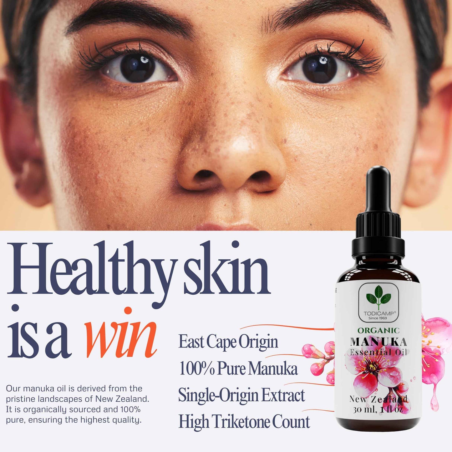 TODICAMP 100% Pure Manuka Oil from New Zealand | Therapeutic-Grade Essential Oil for Wound Care, Skin Soothing, Nail & Scalp Health | Undiluted, Cold-Pressed Manuka for Face, Hair & Body