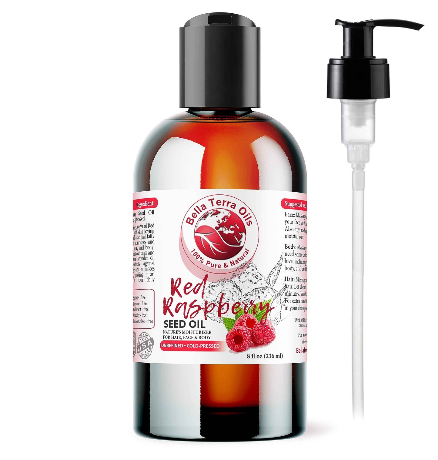 Bella Terra Oils - Red Raspberry Seed Oil 8 oz - Discover The Vitamin-Enriched Potency of Raspberry, Essential Companion for Every Skin Care Enthusiast