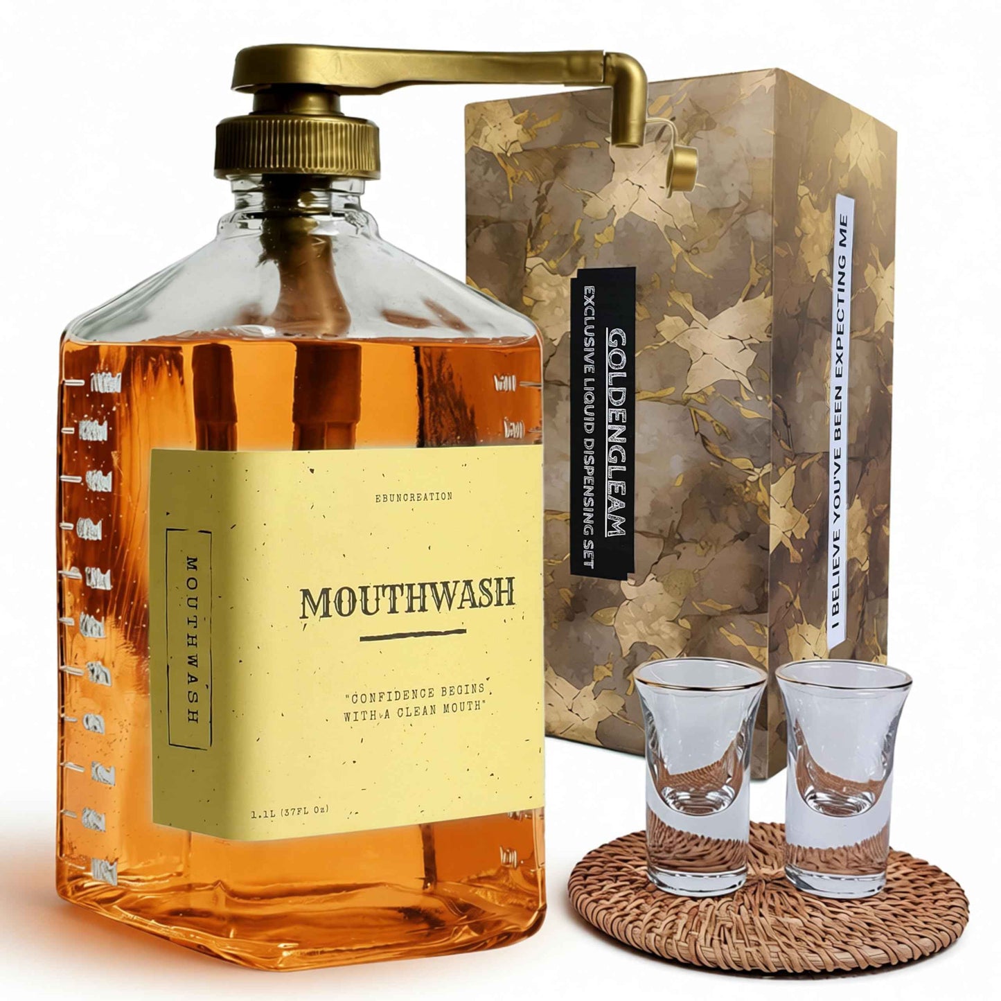 eBun Goldengleam Glass Mouthwash Dispenser (Gold Plastic Pump) 37oz Mouthwash Pump Dispenser, Mouth Wash Holder with Rinse Cup, Mouth Wash Glass Bottle, Decanter, Large Bottle for Bathroom Set