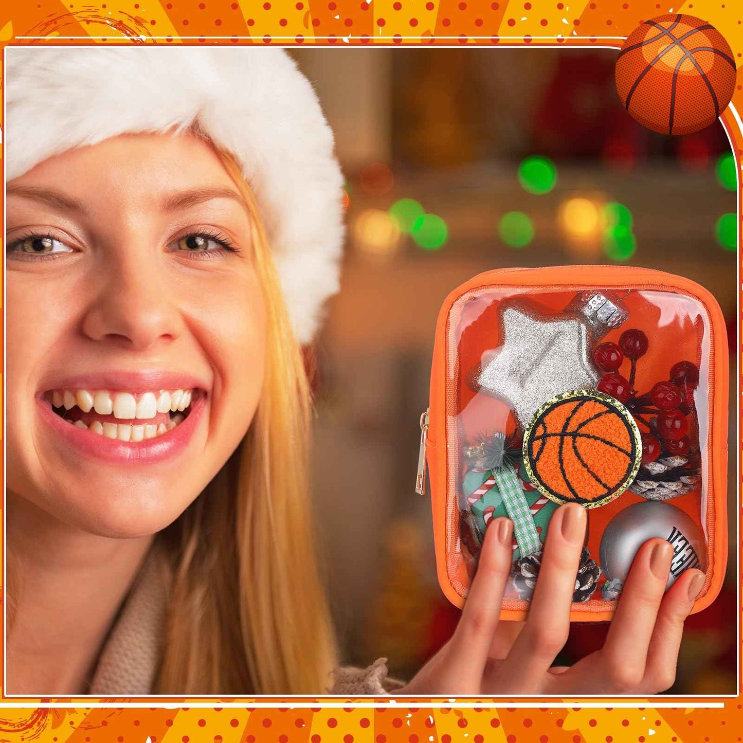 Reginary 12 Pcs Chenille Patch Gift Bags Senior Night Gift Bag Waterproof Travel Size Pack for Party Favors Team Stuff(Basketball)