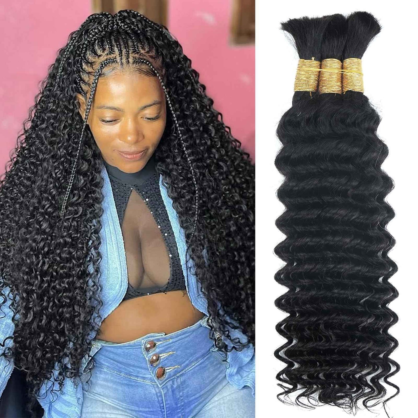 Boho Braids Human Hair for Braiding 110g 20 Inch 12A Deep Water Wave Bulk Human Braiding Hair for Boho Braids Knotless Wet and Wavy Virgin Extensions Bohemian No Weft Curly 3 Bundles Natural Black