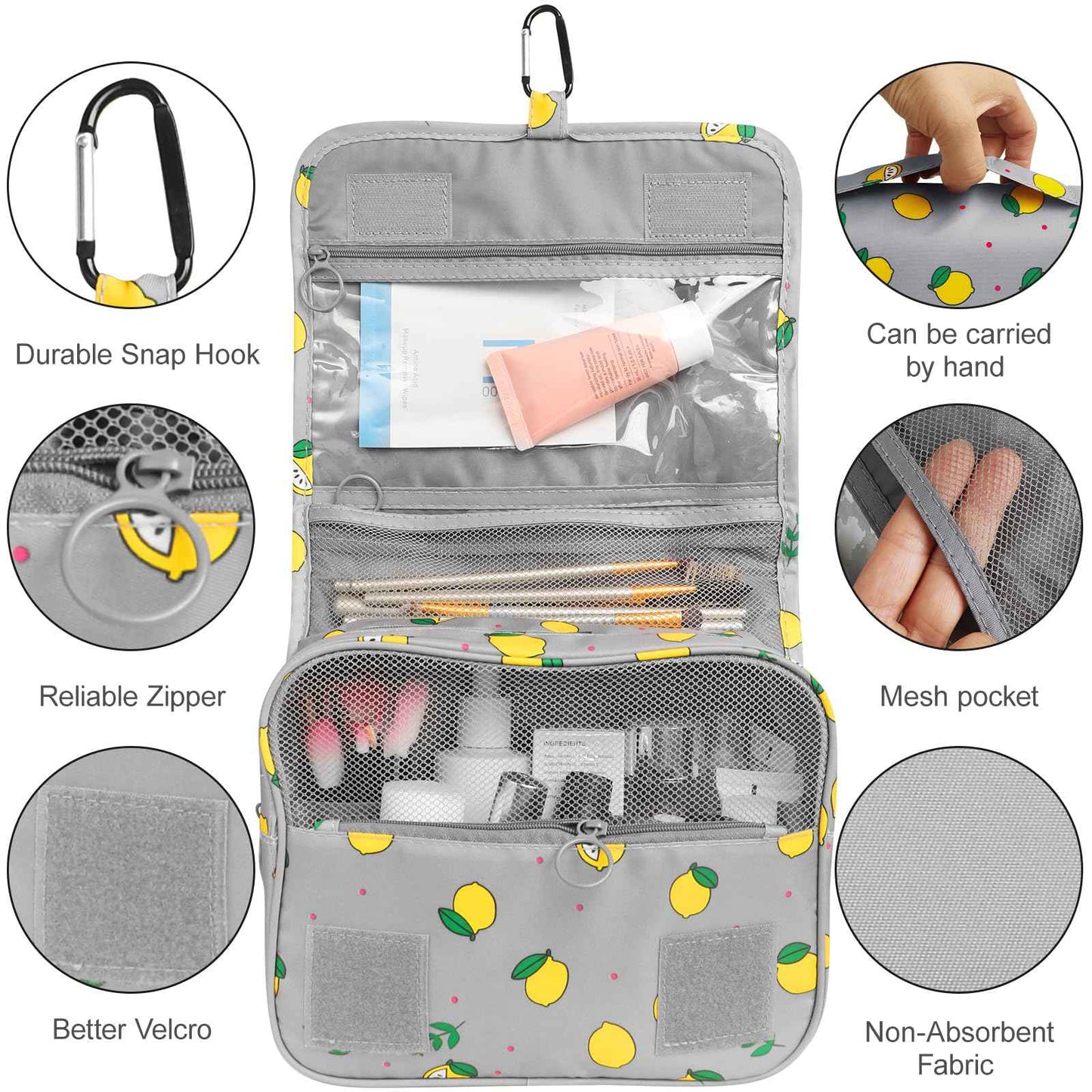 LAKIBOLE Travel Essentials Organizer Bag for Women Toiletry Bag Hanging Multifunction Cosmetic Bag Portable Makeup Pouch Waterproof (Grey & Lemon)