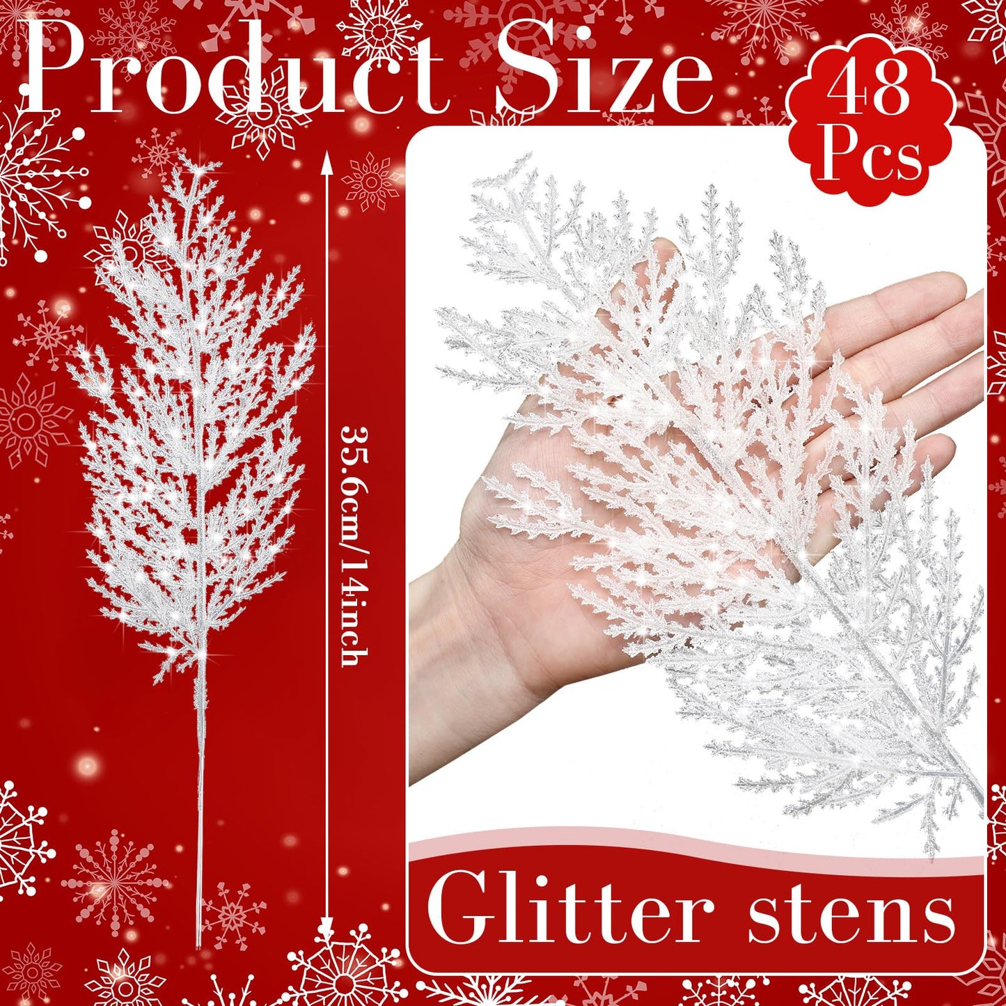 Giegxin 48 PC Christmas Glitter Artificial Pine Needles Pine Tree Twig Picks Branches for Wedding Tree Glittery Stem for Christmas DIY Wreath Garden Embellishing Garland Decoration(White)