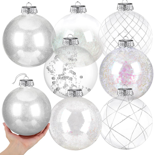 Wettarn Set of 8 Transparent Large Christmas Ball Ornaments 6 Inch Glitter Hanging Plastic Balls Christmas Tree Decorations for Lawn Yard Garden Party with Exquisite Filling Decoration(Silver White)