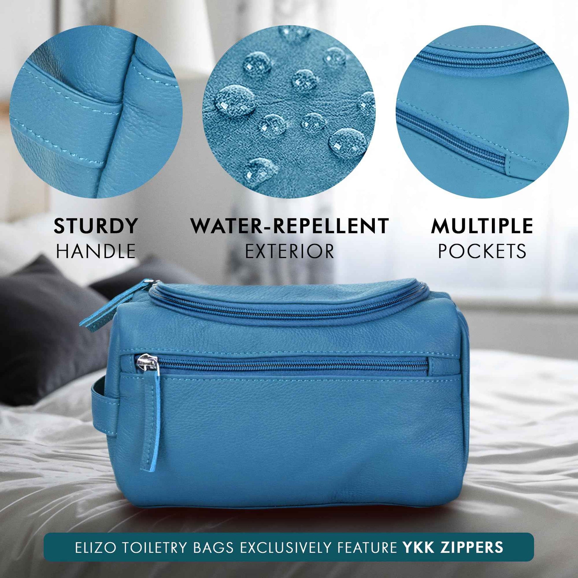 ELIZO Premium REAL Leather Toiletry Bag for Men Dopp Kitt Hanging Mens Toiletry Large TSA Toiletries Bag Shaving Grooming Bag Organizer Espresso (Blue, Large)