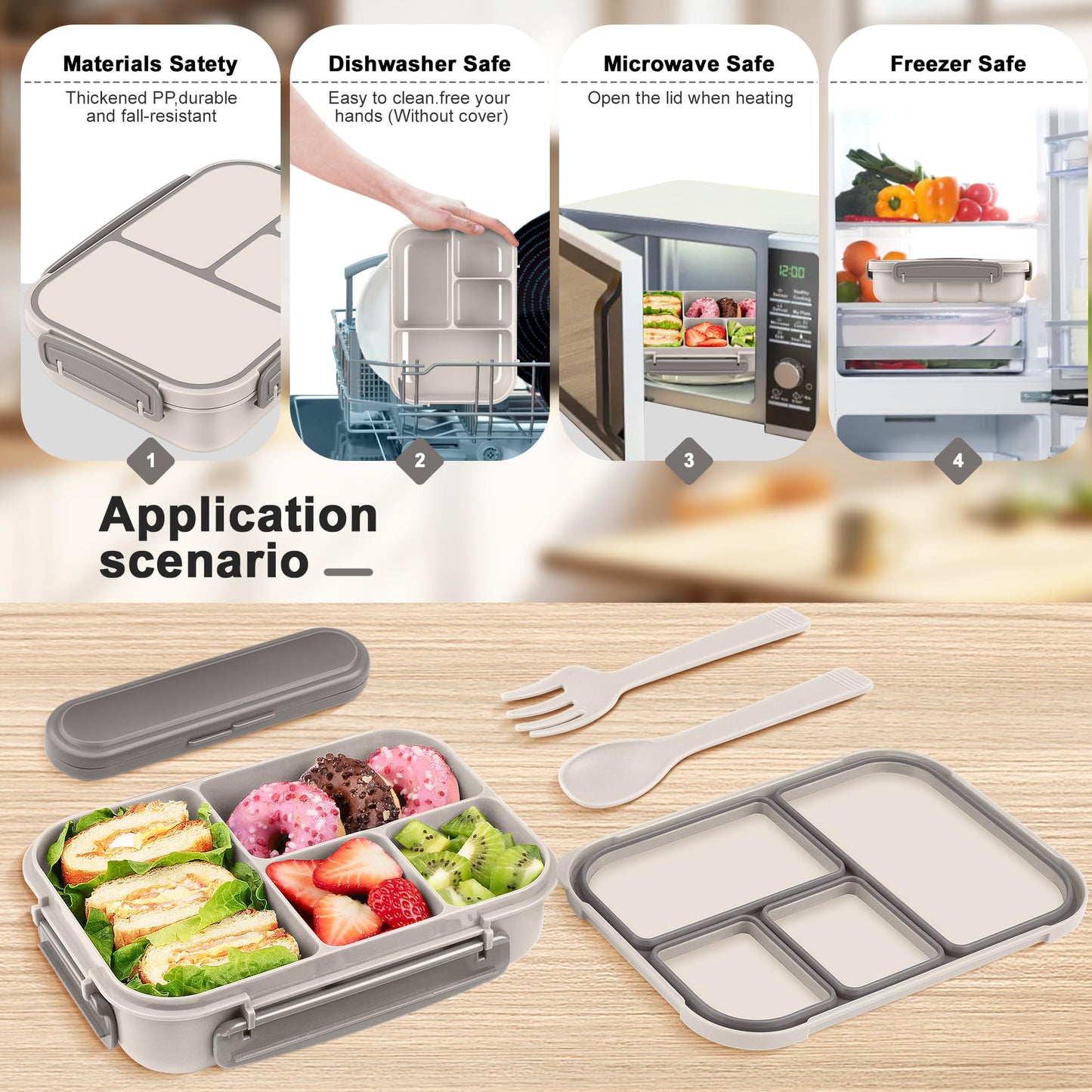 Amathley Lunch Box Kids,Bento Box Adult,Leakproof Lunch Containers for Adults/Kids/Toddler,1200ML-4 Compartments bento Lunch box with Utensil,Microwave & Dishwasher & Freezer Safe (White)