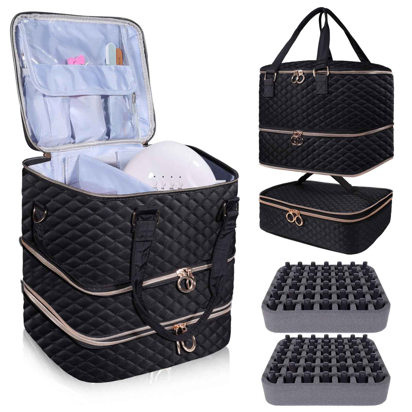 Nail Polish Organizer Case,3 Layers Nail Organizers and Storage With Detachable Holds 84 Bottles Nail Polish & Nail Lamp Large Nail Polish Organizer Bag ,for Manicure Tools, Nail Polish Kit (Black)