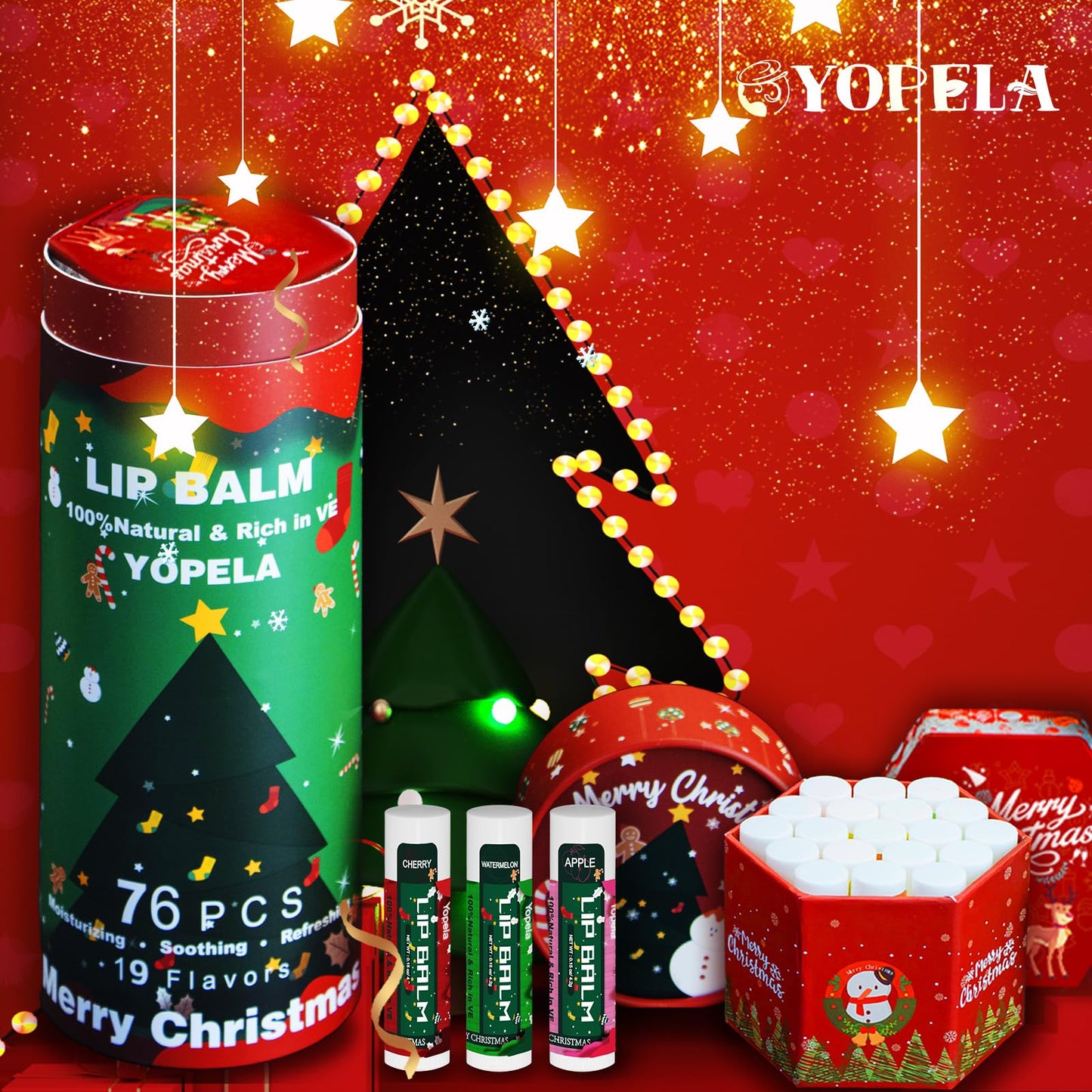 Yopela 76 Pack Christmas Natural Lip Balm Bulk with Vitamin E and Coconut Oil Lip Care Set - Moisturizing, Soothing, and Repairing Dry and Chapped Lips - 19 Flavors - Non-GMO