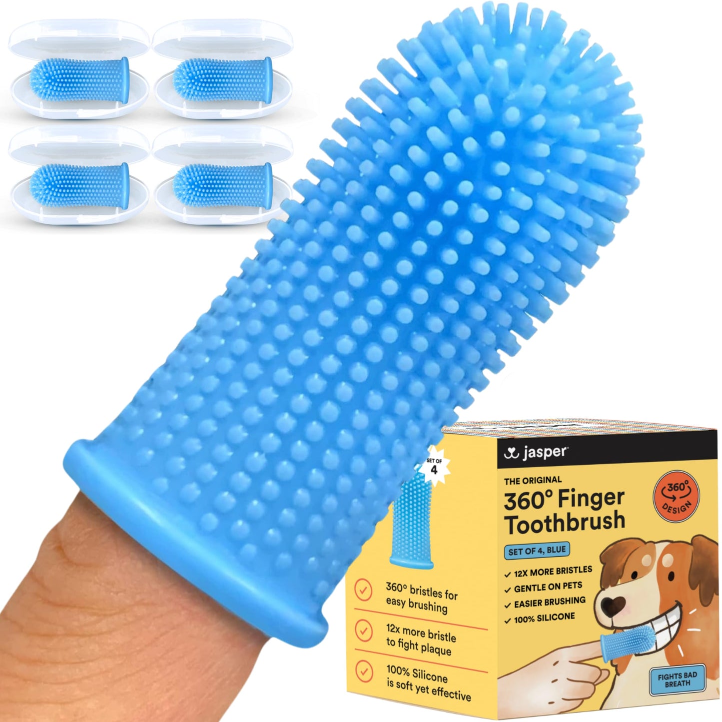 Jasper Dog Toothbrush, 360º Dog Tooth Brushing Kit, Cat Toothbrush, Dog Teeth Cleaning, Dog Finger Toothbrush, Dog Tooth Brush for Small & Large Pets, Dog Toothpaste Not Included, 4-Pack Blue