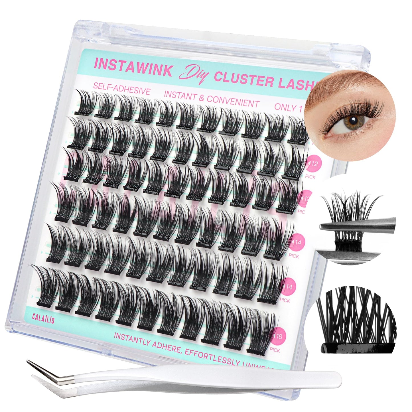 CALAILIS Self Adhesive Eyelashes 66Pcs D Curl Press on DIY CLuster lashes No Glue Needed Wispy Lash Clusters Pre Glued Reusable Glueless Eyelash Clusters Kit with Tweezers for Beginners (AC04)