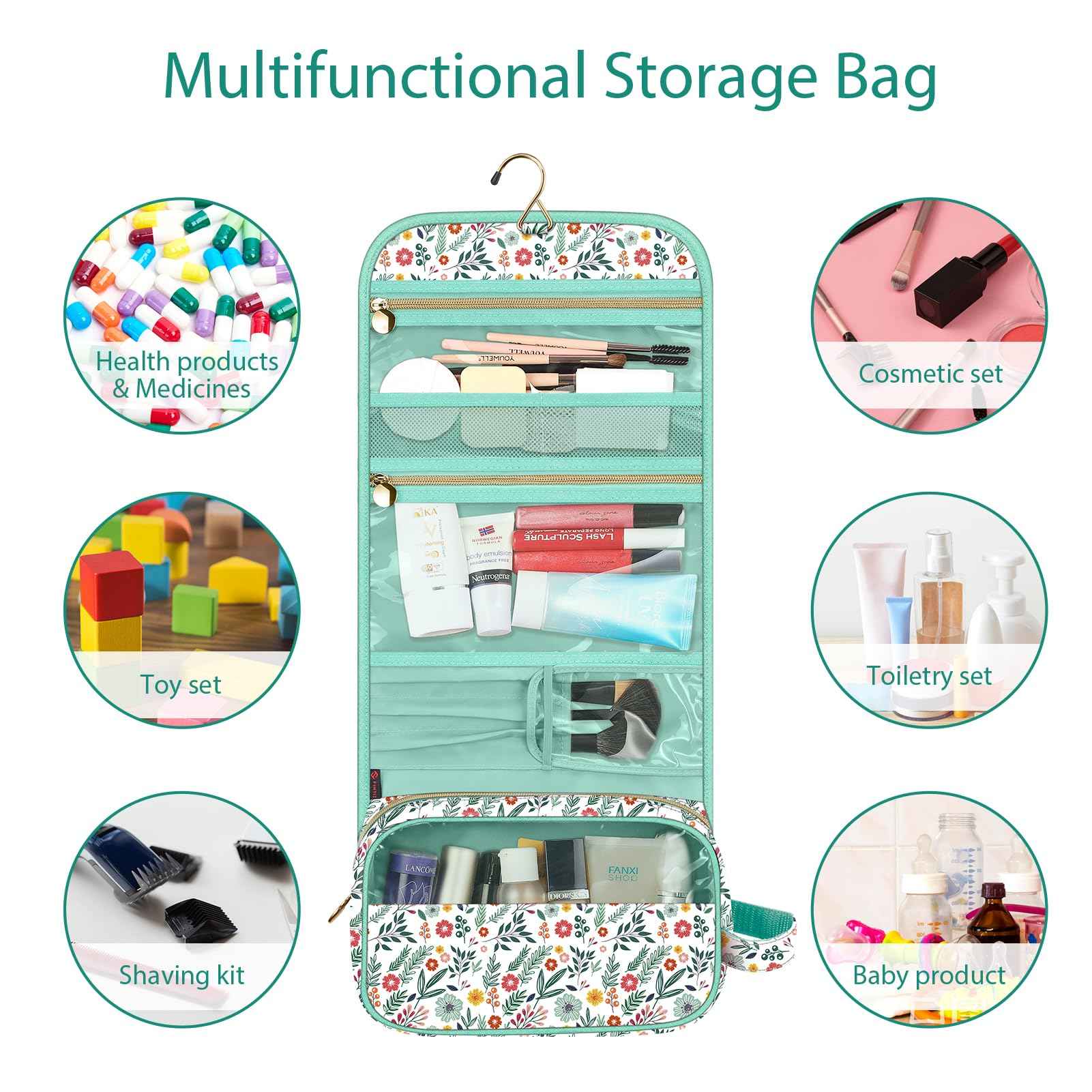 Fintie Portable Toiletry Cosmetic Travel Bag, Large Water Resistant Hanging Makeup Organizer Storage Pouch Case for Women Girls, Spring