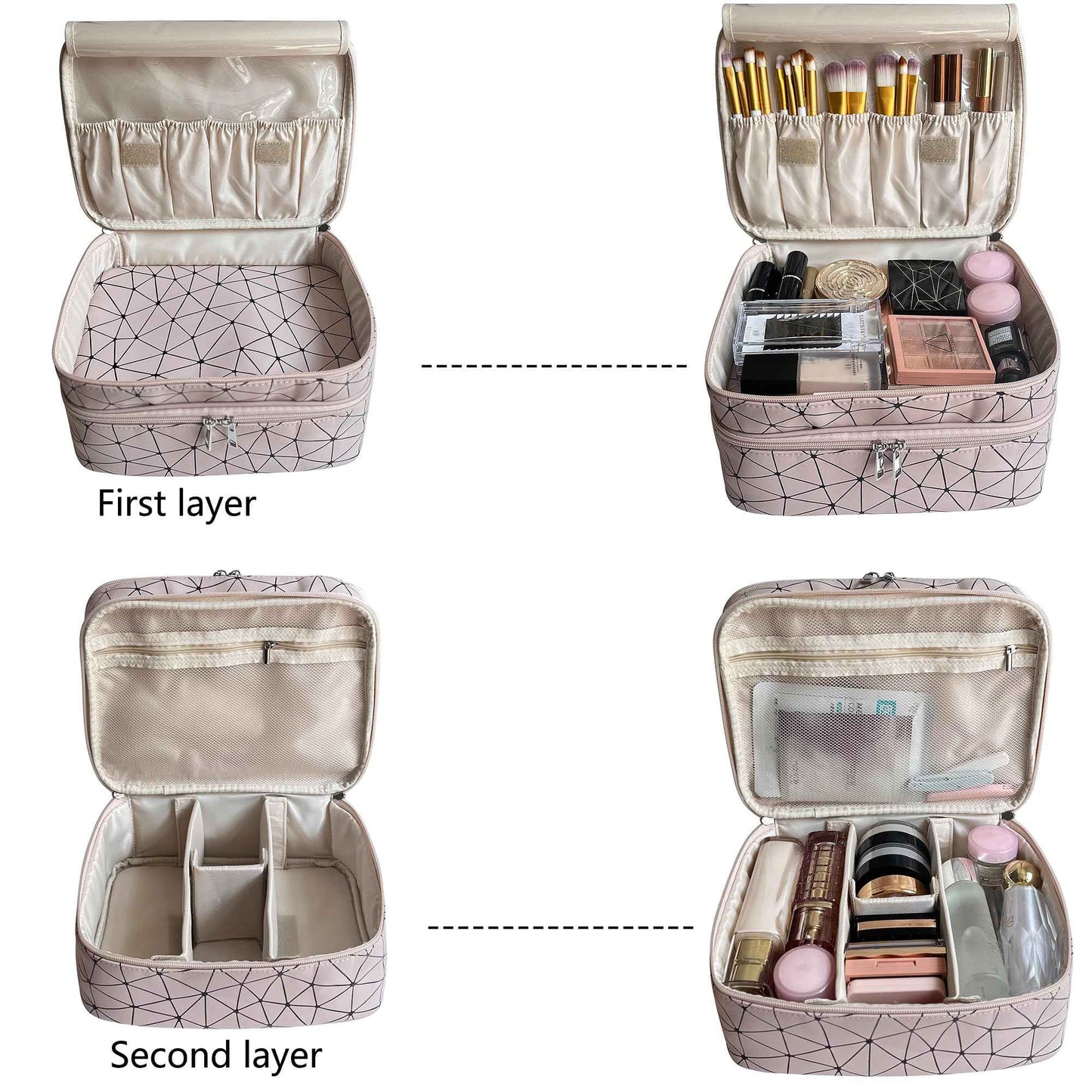 MKPCW makeup bag large Double-layer cosmetic bag with brush bag and divider (Pink+ three dividers)