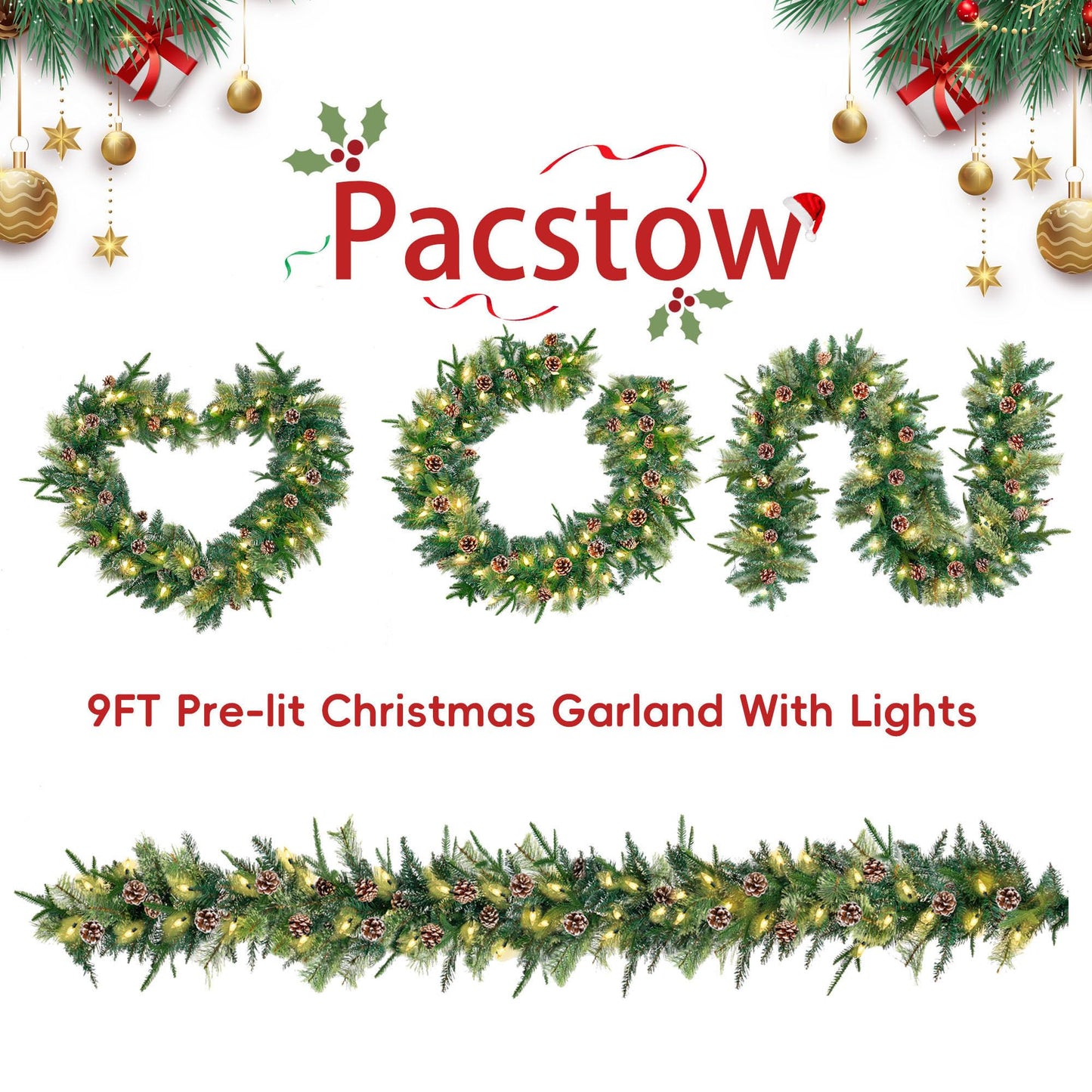 Pacstow 9 Ft Christmas Garland, Artificial Pine Cypress Greenery Garland, 50 C6 LED Pre-Lit Warm Lights, Battery Operated with 8 Lighting Modes,Mantle, Front Door, Stairs Railing Christmas Decorations