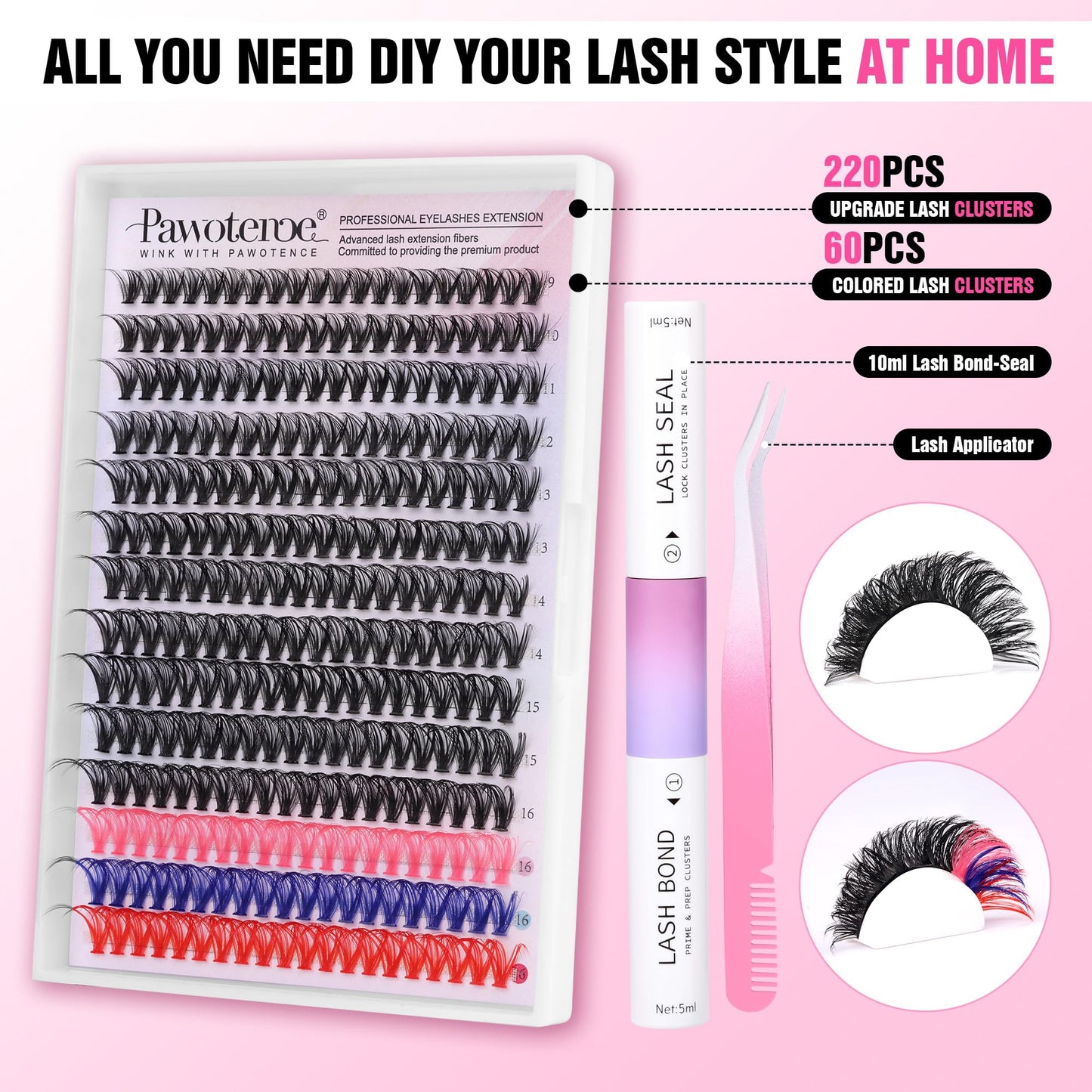 Pawotence Lash Extension Kit DIY Individual Lash Clusters Eyelash Extension Kit 9-16mm Lash Clusters Colored with Lash Bond and Seal Lash Tweezers for Self Application(40D-9-16MIX COLOR KIT)