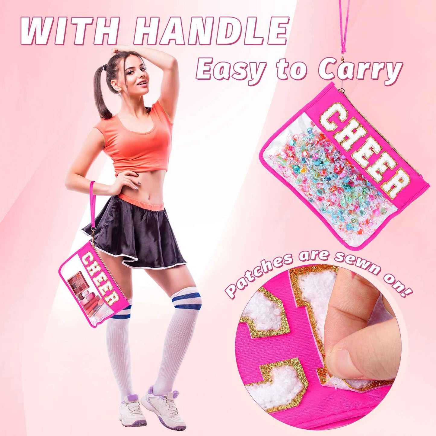 Kacctyen 6 Pcs Cheer Bags Chenille Letter Makeup Bag Cheer Gifts for Stuff Cheerleader, Rose Red Clear Zipper Pouch Cosmetic Toiletry Pouch with Handle for Women Girls Gym Beach Travel(Rose Red,Cheer)