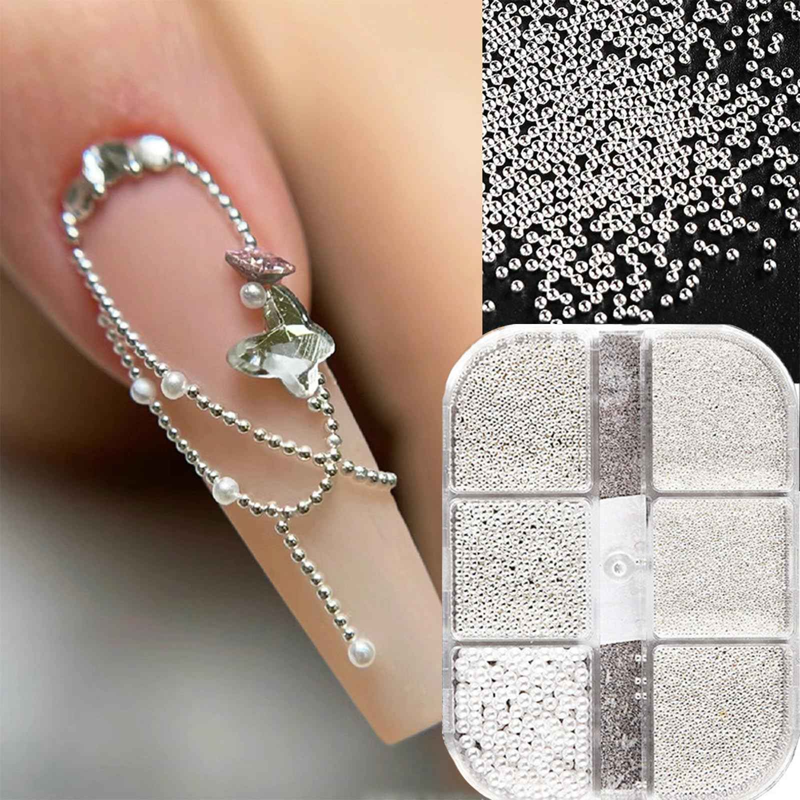 3D Nail Art Steel Pearls Mini Caviar Beads Silver Nail Charm 0.4mm-1.2mm Mini Caviar Metal Steel Beads for Women DIY Nail Art Accessories