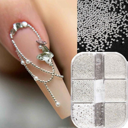 3D Nail Art Steel Pearls Mini Caviar Beads Silver Nail Charm 0.4mm-1.2mm Mini Caviar Metal Steel Beads for Women DIY Nail Art Accessories