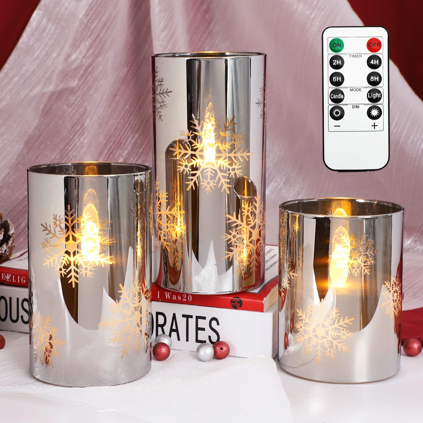 REVELBUNNY Christmas Flameless Candles Snowflake Battery Operated LED Flickering Candles with Remote Timer, Electroplate Glass Pillar Candle for Home Wedding Party Winter Holiday Decor Set of 3