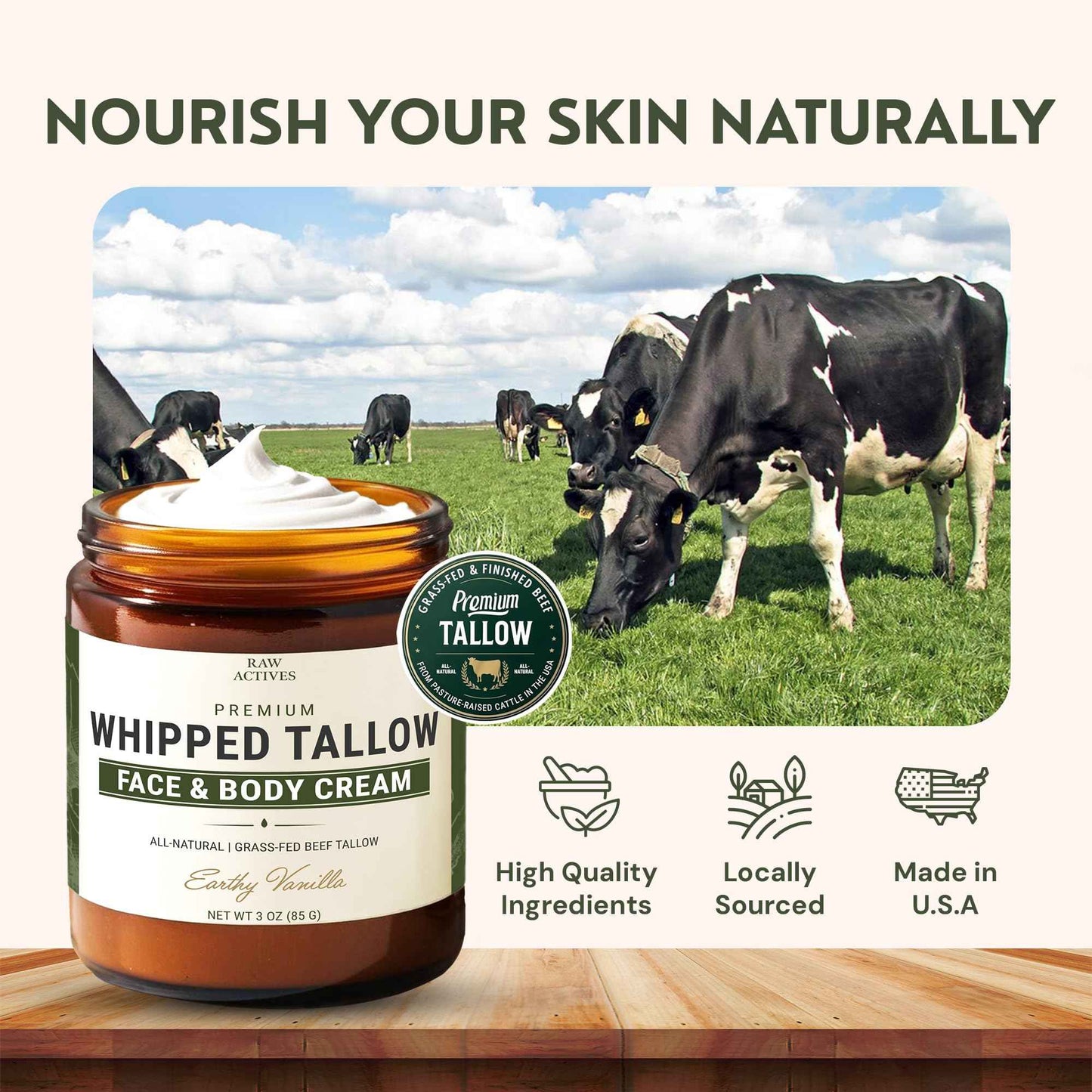 RAW ACTIVES Beef Tallow for Skin Care - 100% Grass Fed Grass Finished - with Organic Jojoba, Prickly Pear, Rosehip, Tamanu Oils, Neroli, Vanilla & Manuka Honey - 3oz