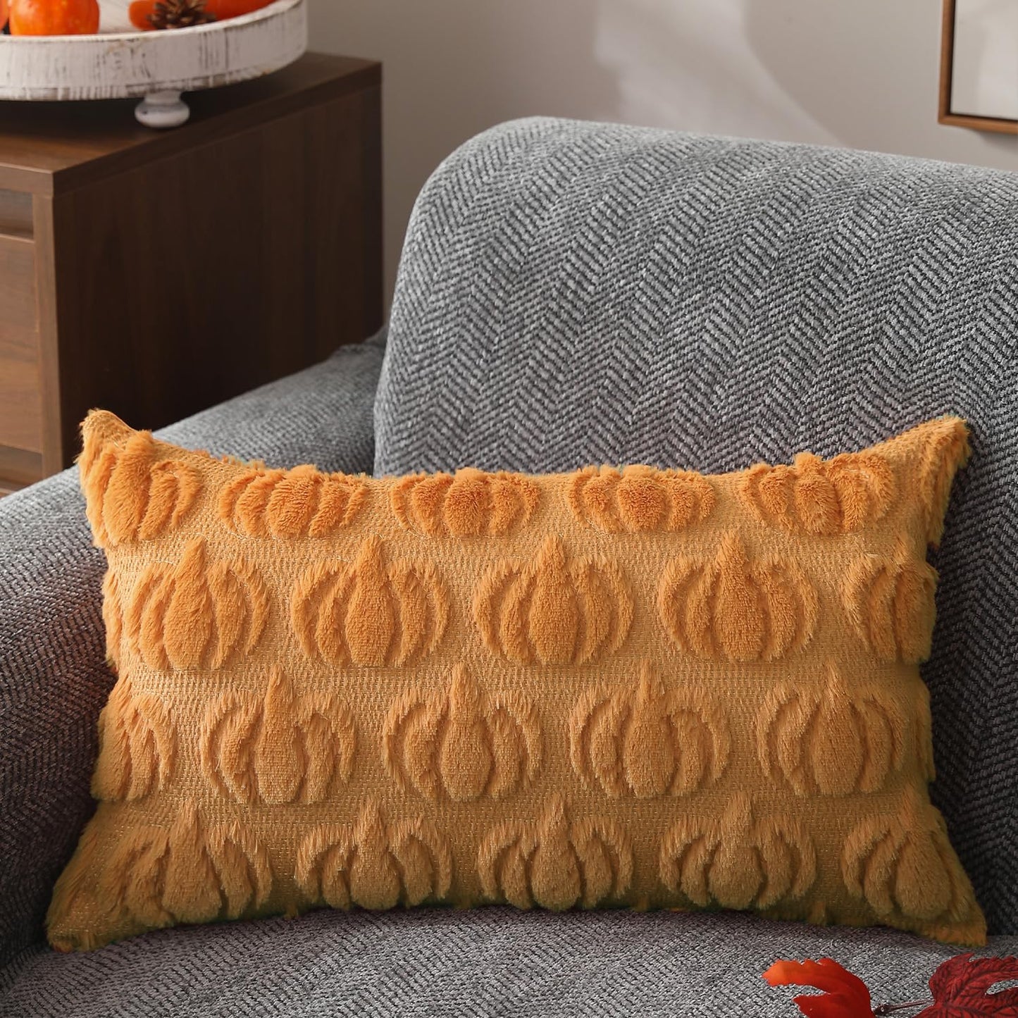 DFXSZ Fall Pillow Covers 12x20 Set of 2 Fall Decorations Light Orange Pumpkin Throw Pillow Cases Soft Plush Faux Fur Wool Couch Cushion Case for Chair Sofa Bedroom Living Room Home Decor PTK02D12