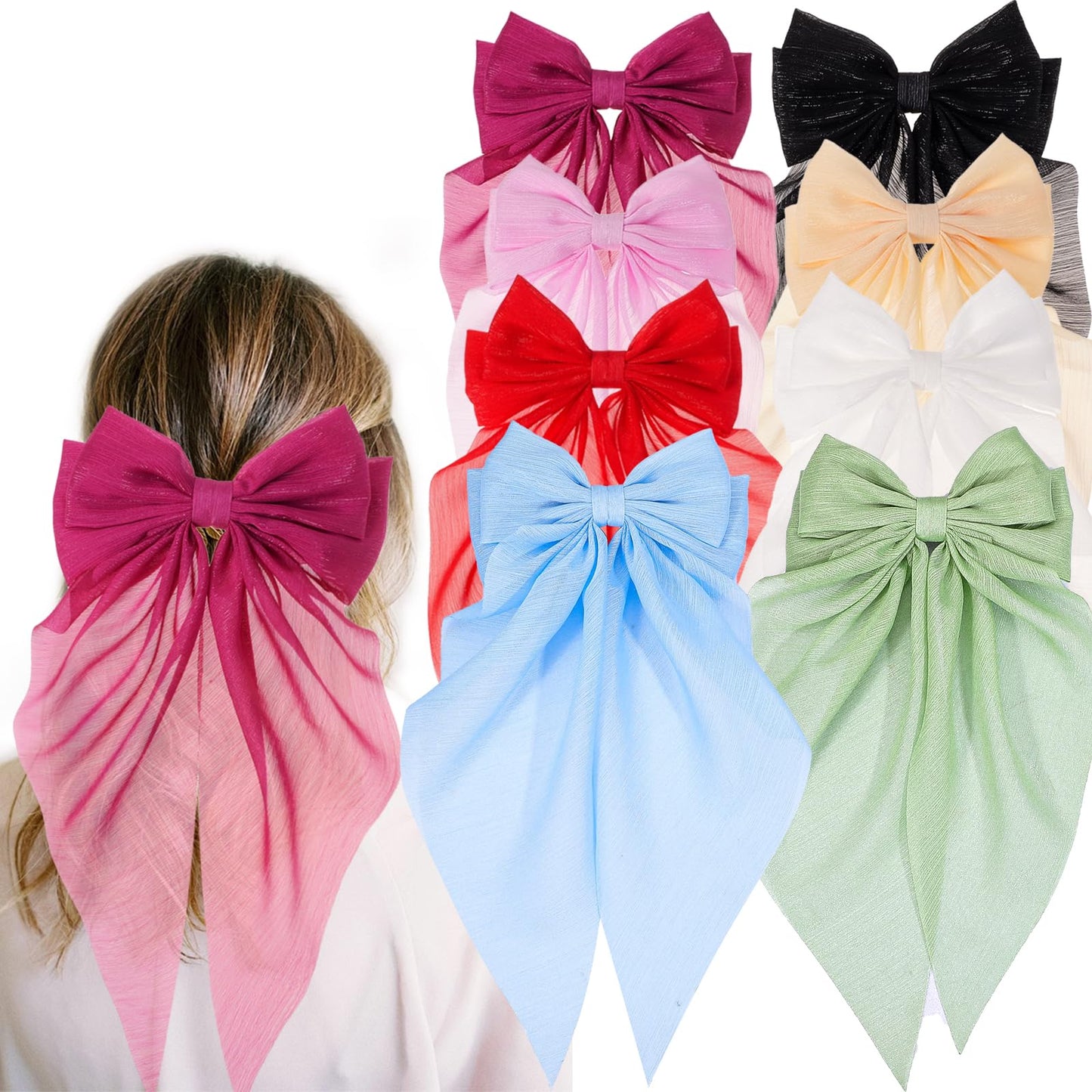 ONEYE 8 Pack Large Hair Bows for Women Big Bow Hair Clips Handmade Hair Ribbons Clips French Barrette Bowknot with Long Tail Hair Accessories for Women Girls