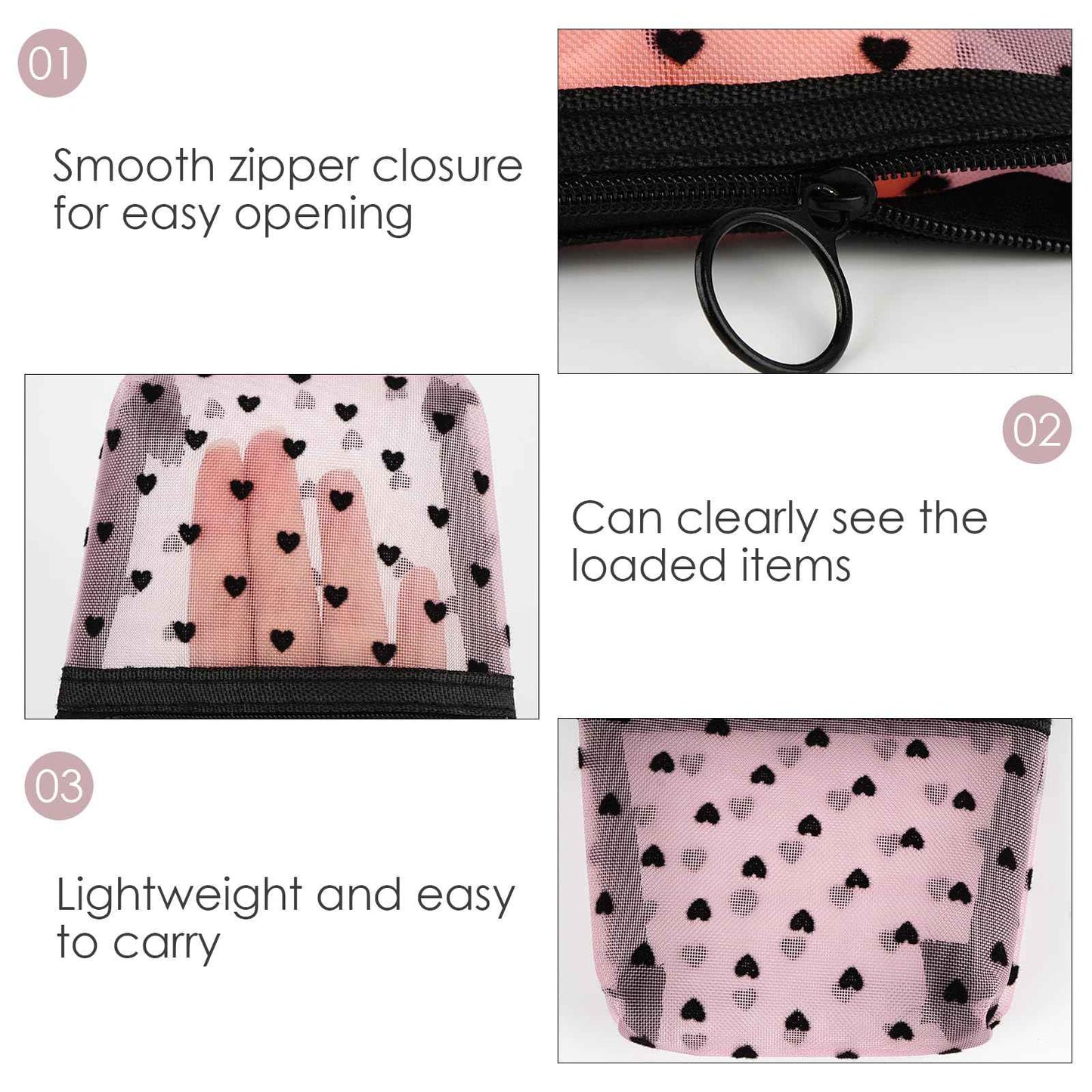 Adorila 6 Pack Mini Mesh Makeup Bags, Heart Print Zipper Mesh Storage Pouch, Travel Cosmetic Accessories Organizer for Women (Black, Beige, Pink)