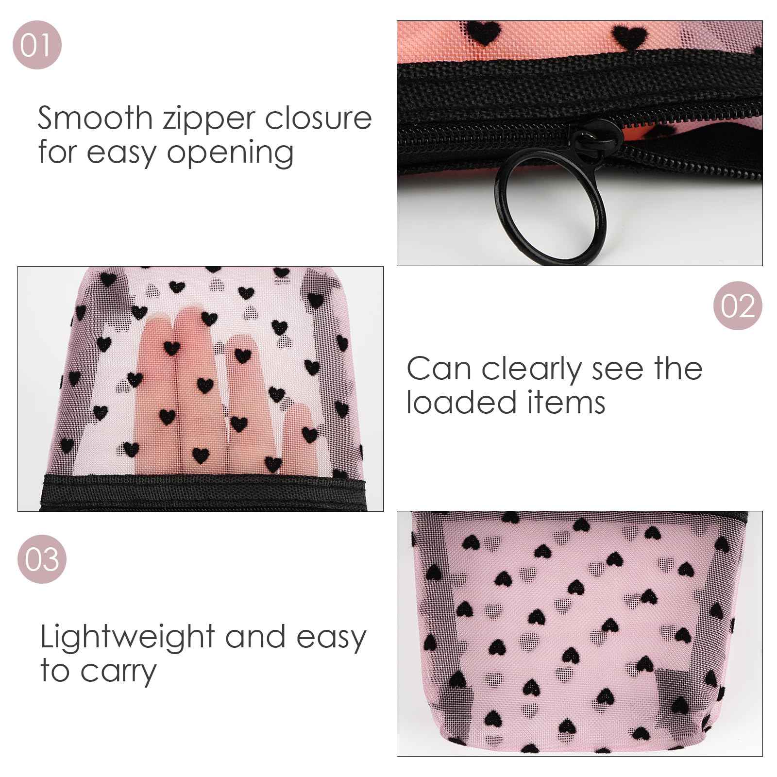Adorila 6 Pack Mini Mesh Makeup Bags, Heart Print Zipper Mesh Storage Pouch, Travel Cosmetic Accessories Organizer for Women (Black, Beige, Pink)