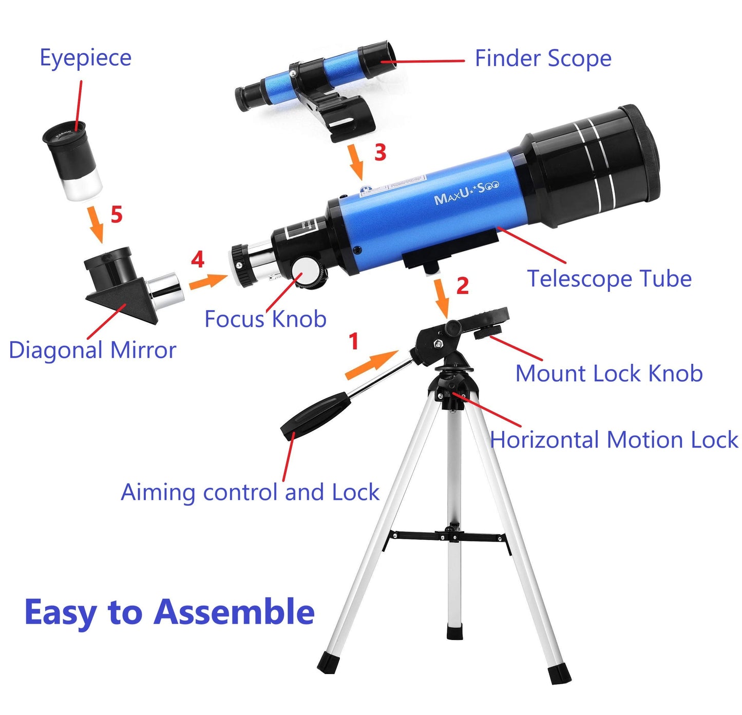 MaxUSee 70mm Telescope for Kids & Astronomy Beginners, Refractor Telescope with Tripod & Finder Scope, Portable Telescope with 4 Magnification eyepieces & Phone Adapter Blue