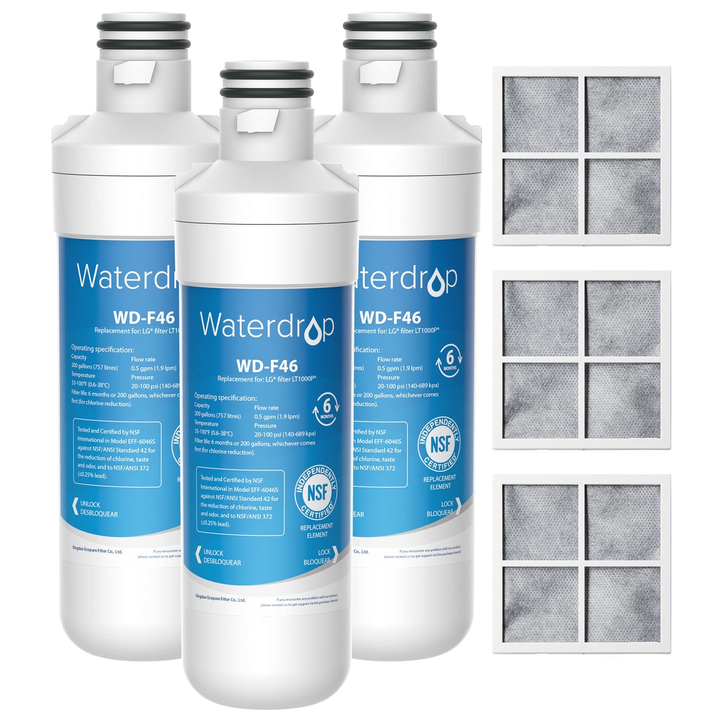 Waterdrop ADQ747935 LT1000PC Replacement for LG® LT1000P®/PC/PCS ThinQ® Refrigerator Water Filter, LFXS26973S, LMXS28626S, LMWS27626S, LFXS28596S, ADQ74793501 and LT120F®, 3 Combo