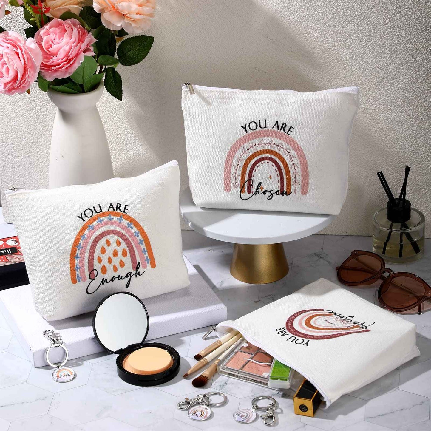 Sieral 60 Pcs Employee Appreciation Bulk Gifts for Women Rainbow Makeup Bags Inspirational Keychains Canvas Cosmetic Bags Thank You Gifts for Nurse Teacher Christmas Operation Gift Stocking Stuffers