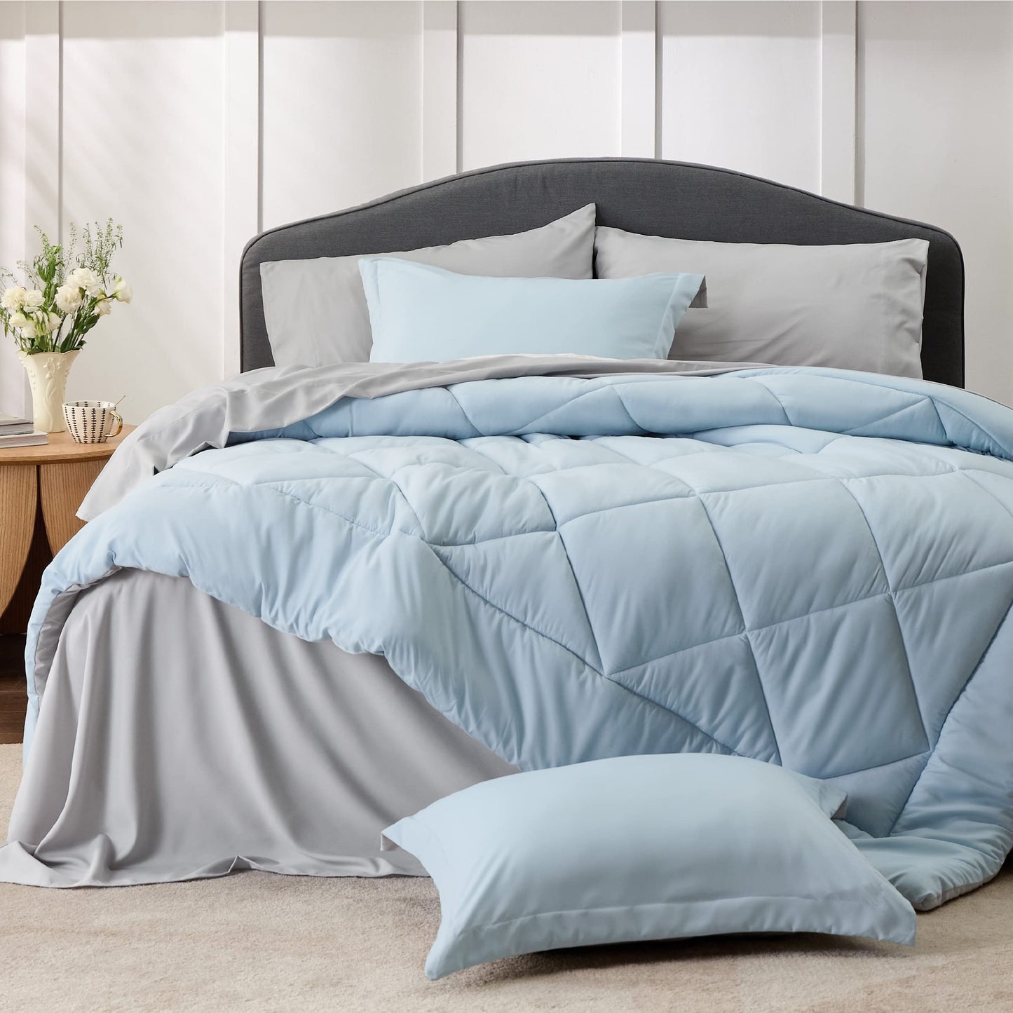 Bedsure Sky Blue Twin Size Comforter Set - 5 Pieces Reversible Twin Bed in a Bag, Extra Long Twin Bed Set with Comforters, Sheets, Pillowcase & Sham, Twin Bedding Sets for College