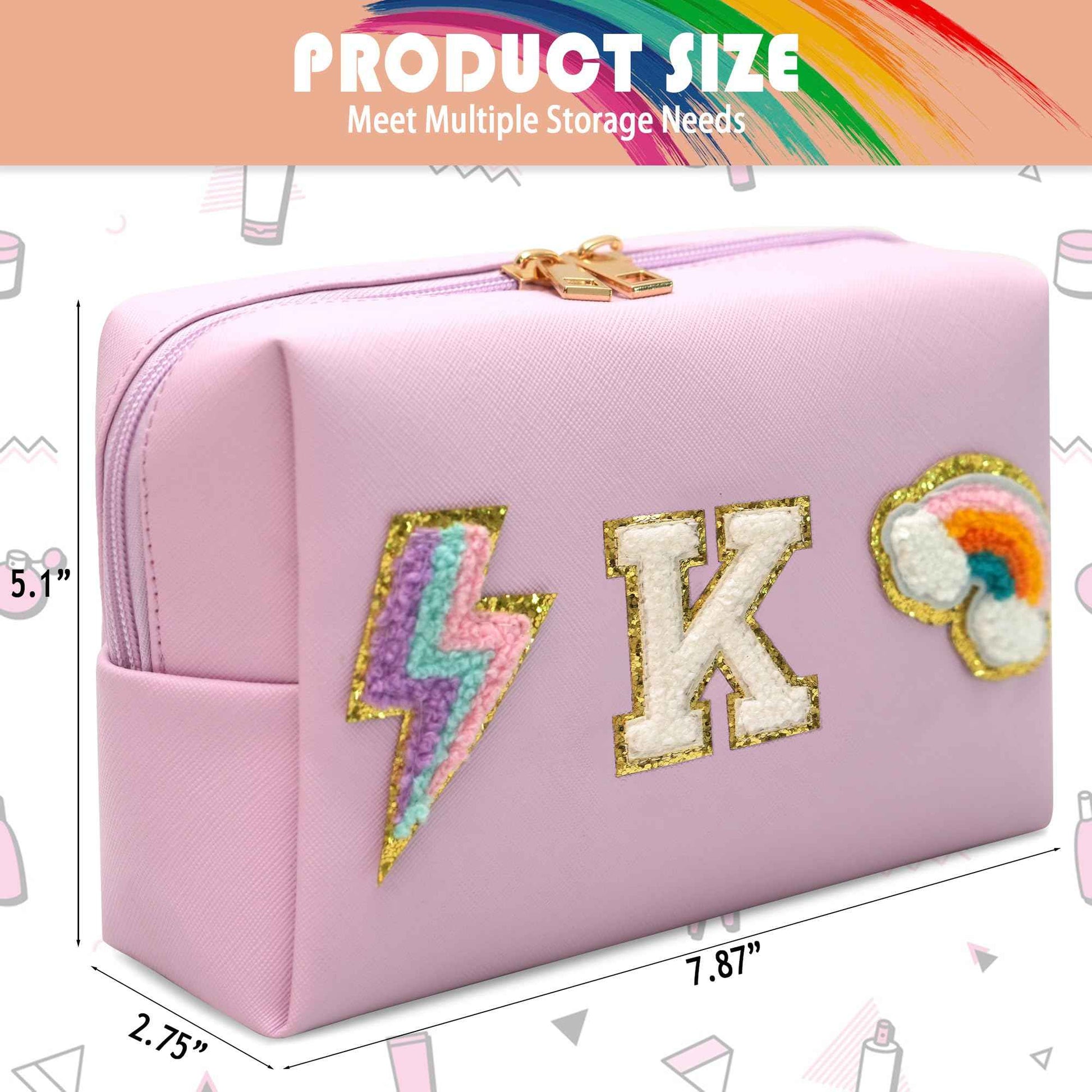 LUCKIPLUS Makeup Bag Preppy Cosmetic Pouch, Monogram Initial Pink Cute Skincare Travel Make up Organizer, Waterproof PU Preppy Case Brithday Gift for Daughter Women Mother (Letter K)