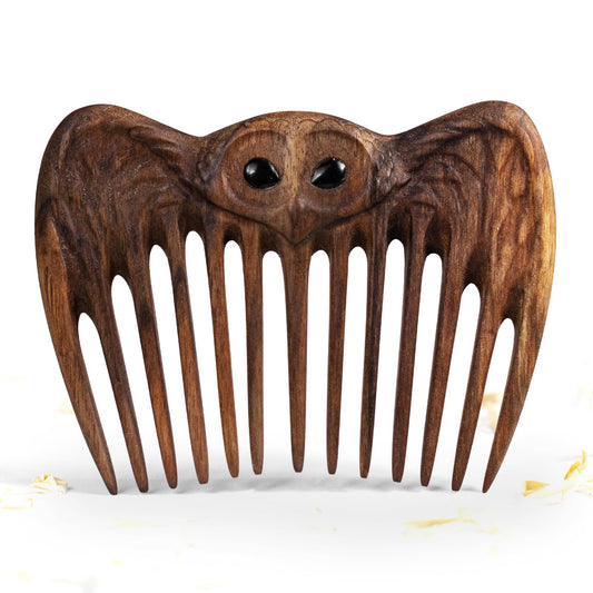 Handmade Wooden Hair Comb for Women - Natural Wood Hair Care, Scalp Massager, Eco-Friendly Perfect for use with Balms and Ois Smart Owl (Walnut Owl)