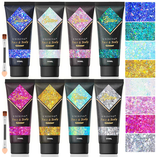 8PCS Face Glitter Gel, Holographic Body Glitter Gel for Hair, Body, Face, Lip, Eyeshadow, Glitter Face Paint, Chunky Glitter for Makeup, Sparkling Glitter Makeup for Concerts Music Festival Rave