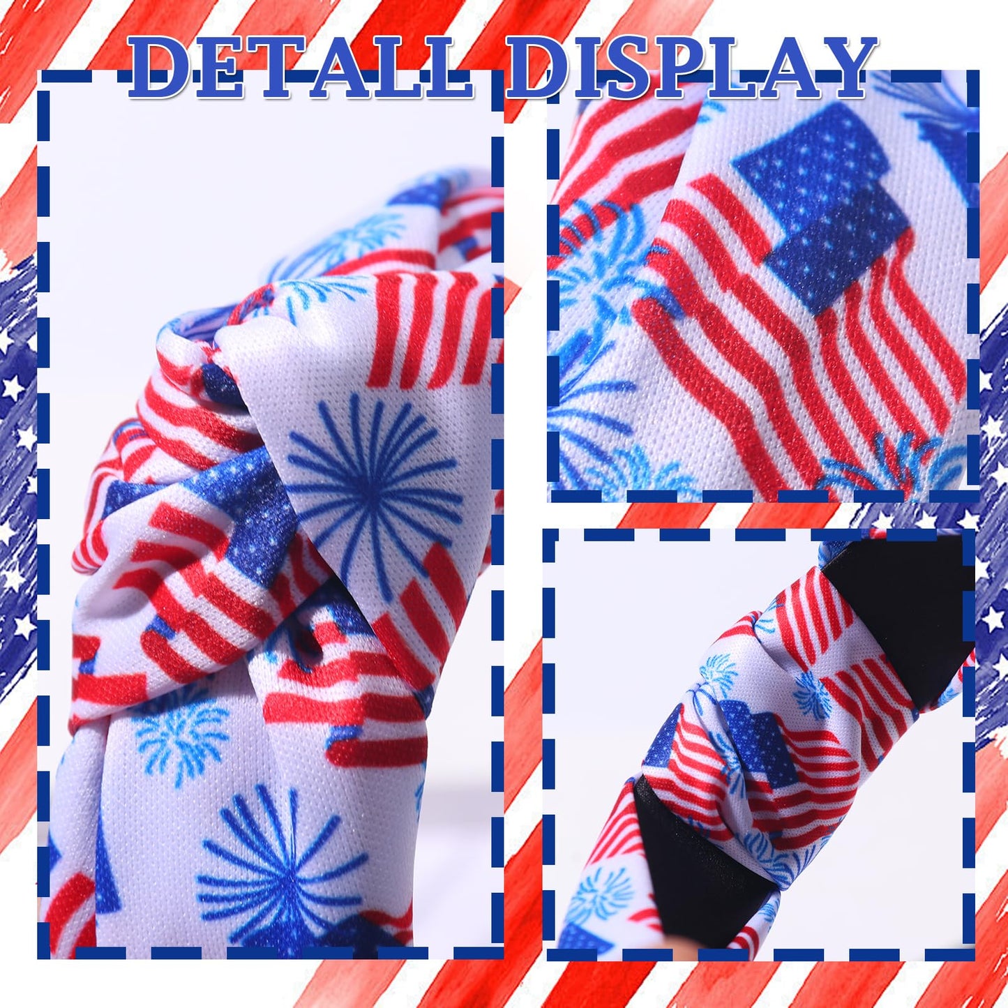 HIFANMM 4th of July Headband Independence Day Hair Accessories for Women Girls USA Flag Fireworks Hair Decoration Non Slip Wide Knotted Hair Band Patriotic Parade Makeup Decor Supplies 1 Pcs