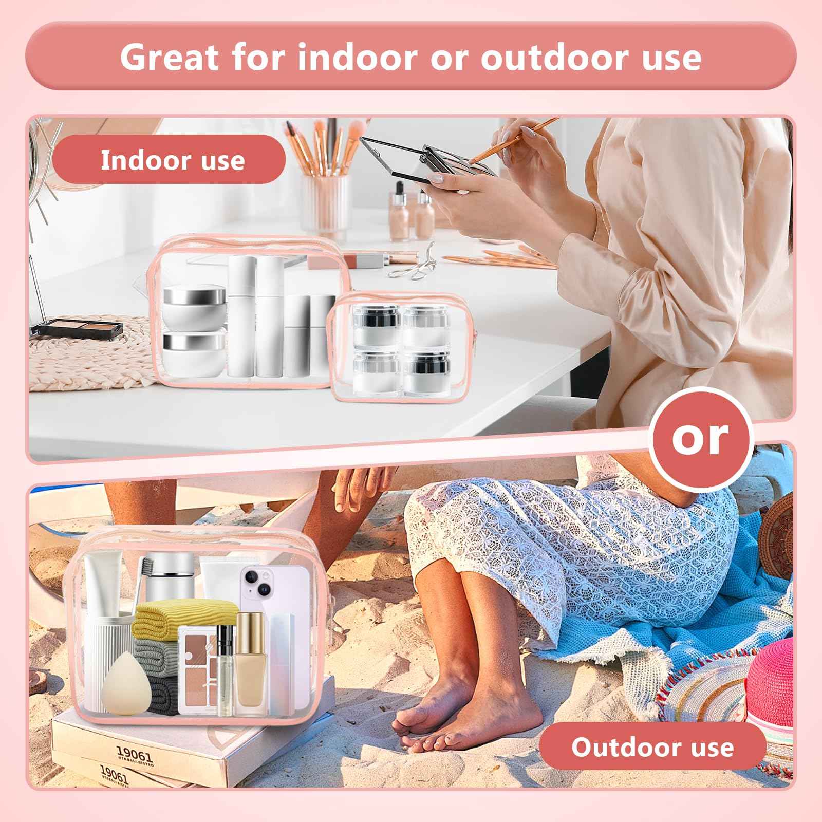 EVDIAGD Clear Cosmetic Bag, 4 Pcs Waterproof Clear Plastic Cosmetic Makeup Bags,Transparent Packing Organizer Storage Bags,Christmas Gift for Mother,Wife,Grilfriends(Pink).