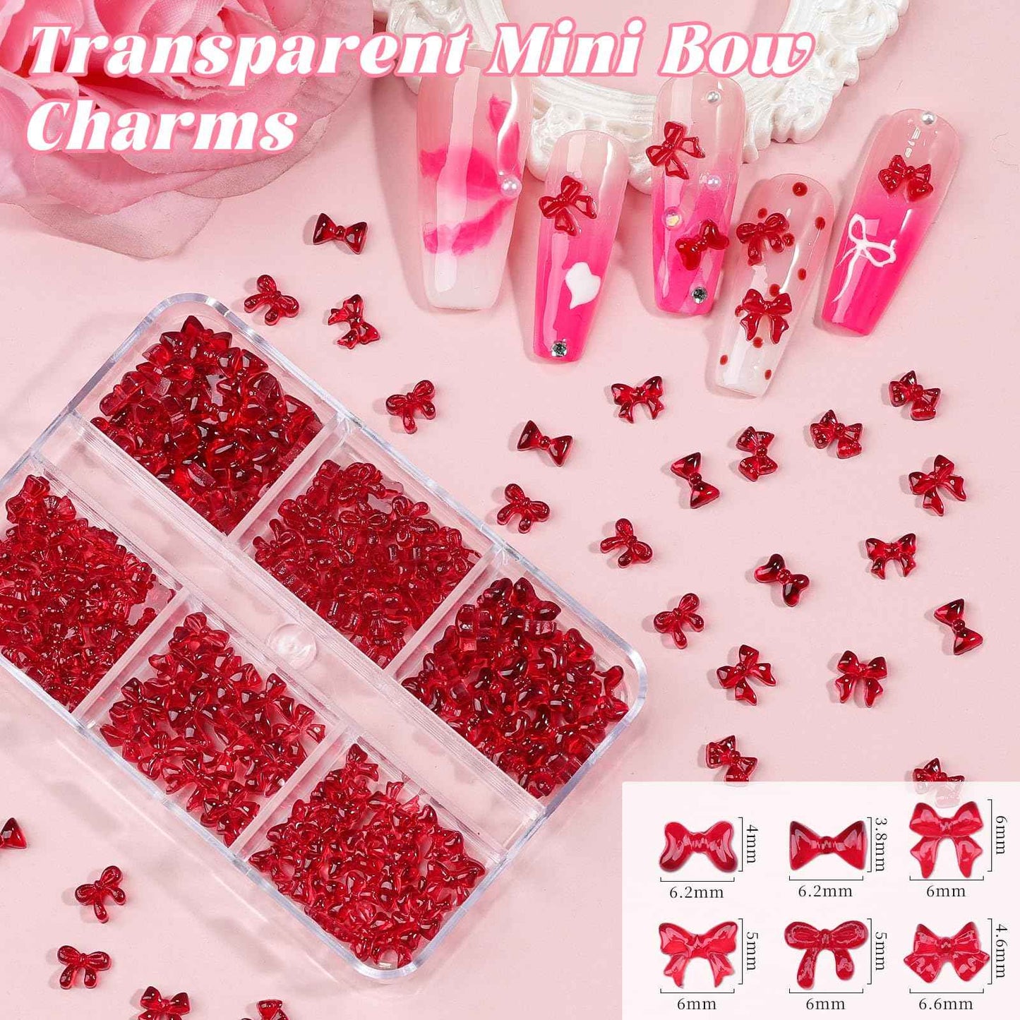 2 Boxes 3D Bow Nail Charms, Red Mini Bow Charms Transparent/Solid Resin Bow with Pickup Tools for Women Nail Decorations DIY Craft