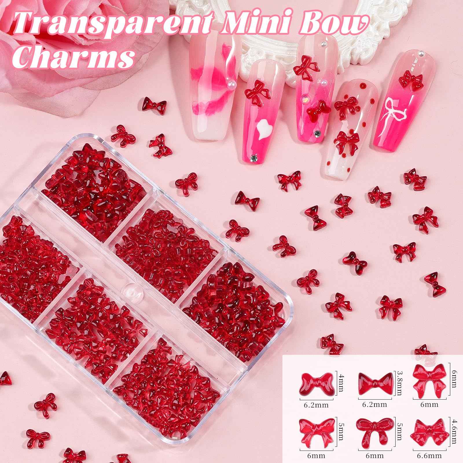 2 Boxes 3D Bow Nail Charms, Red Mini Bow Charms Transparent/Solid Resin Bow with Pickup Tools for Women Nail Decorations DIY Craft
