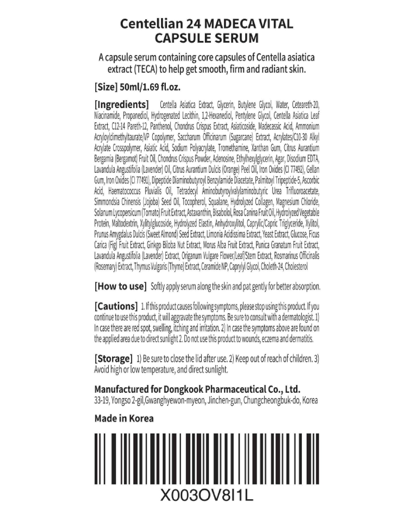 Centellian 24 Vital Capsule Serum (1.69 fl oz) - Ampoule for Moisturizing, Skin Elasticity, Skin Protection & Soothing by Dongkook Pharmaceutical. TECA, Centella Asiatica