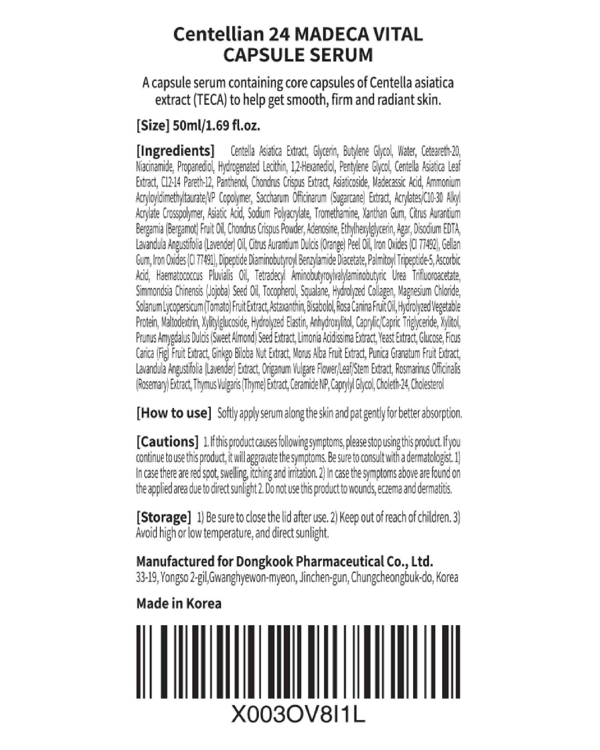 Centellian 24 Vital Capsule Serum (1.69 fl oz) - Ampoule for Moisturizing, Skin Elasticity, Skin Protection & Soothing by Dongkook Pharmaceutical. TECA, Centella Asiatica