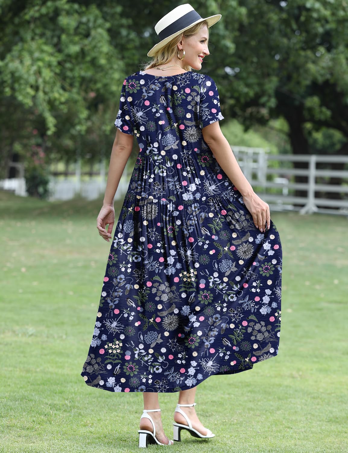 YESNO Women Casual Loose Bohemian Floral Dress with Pockets Short Sleeve Long Maxi Summer Beach Swing Dress S EJF CR424