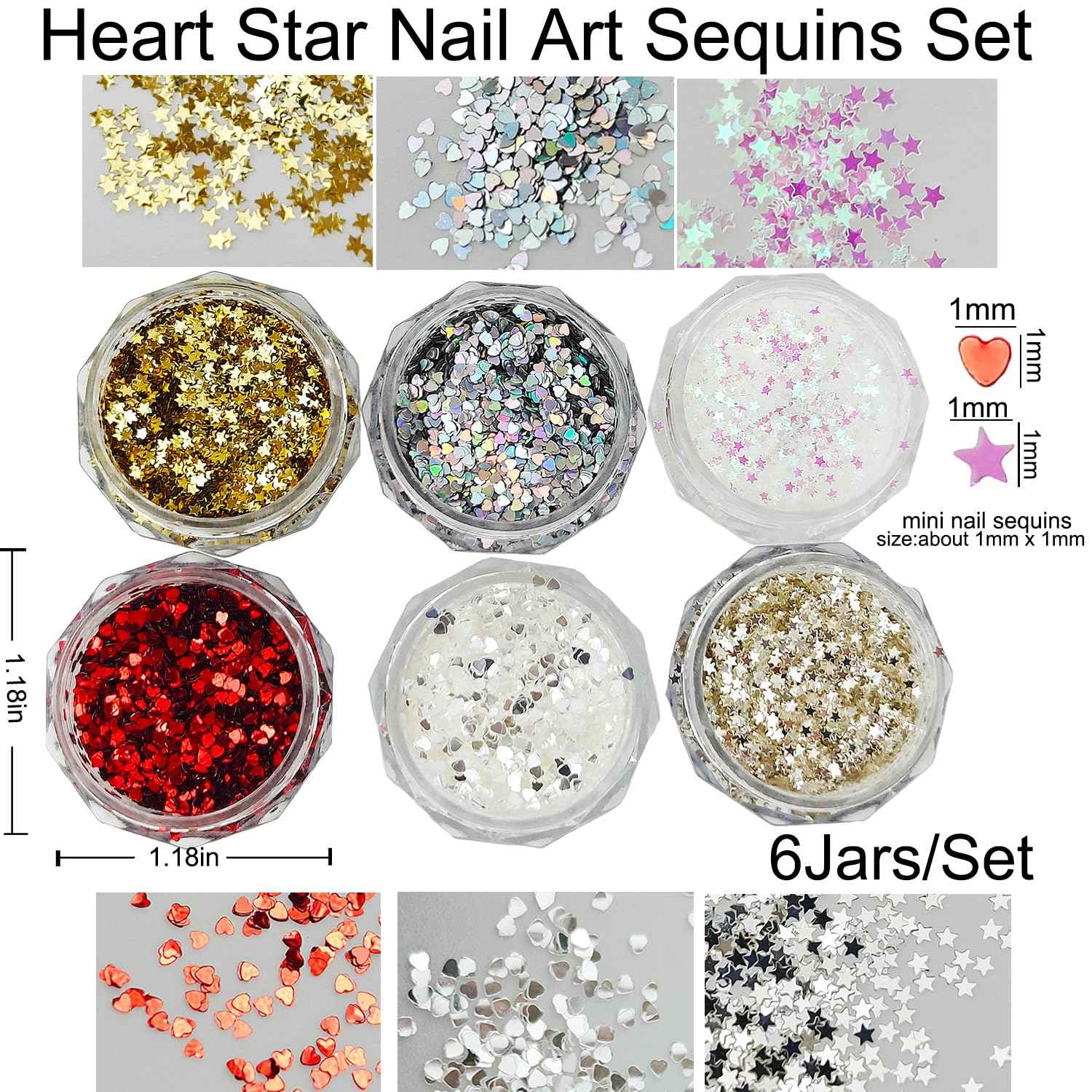6 Colors Star Nail Glitter for Nails, Shuflame 1mm Holographic Heart Glitter para Uñas Nail Art Sequins for Craft, Epoxy Resin, Chunky Nail Glitter for Body Makeup and Manicure