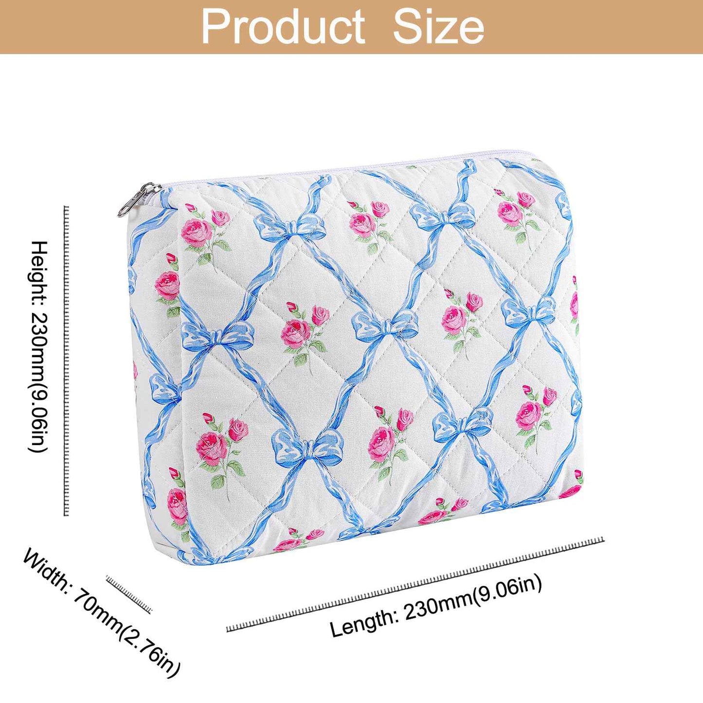HHQQWZ Quilted Cotton Makeup Bag Travel Cosmetic Bag for Women Girls, Zipper Make Up Pouch, Bow Pattern Toiletry Organizer Makeup, Portable Storage Bag (2 Pack: Blue Bowknot)