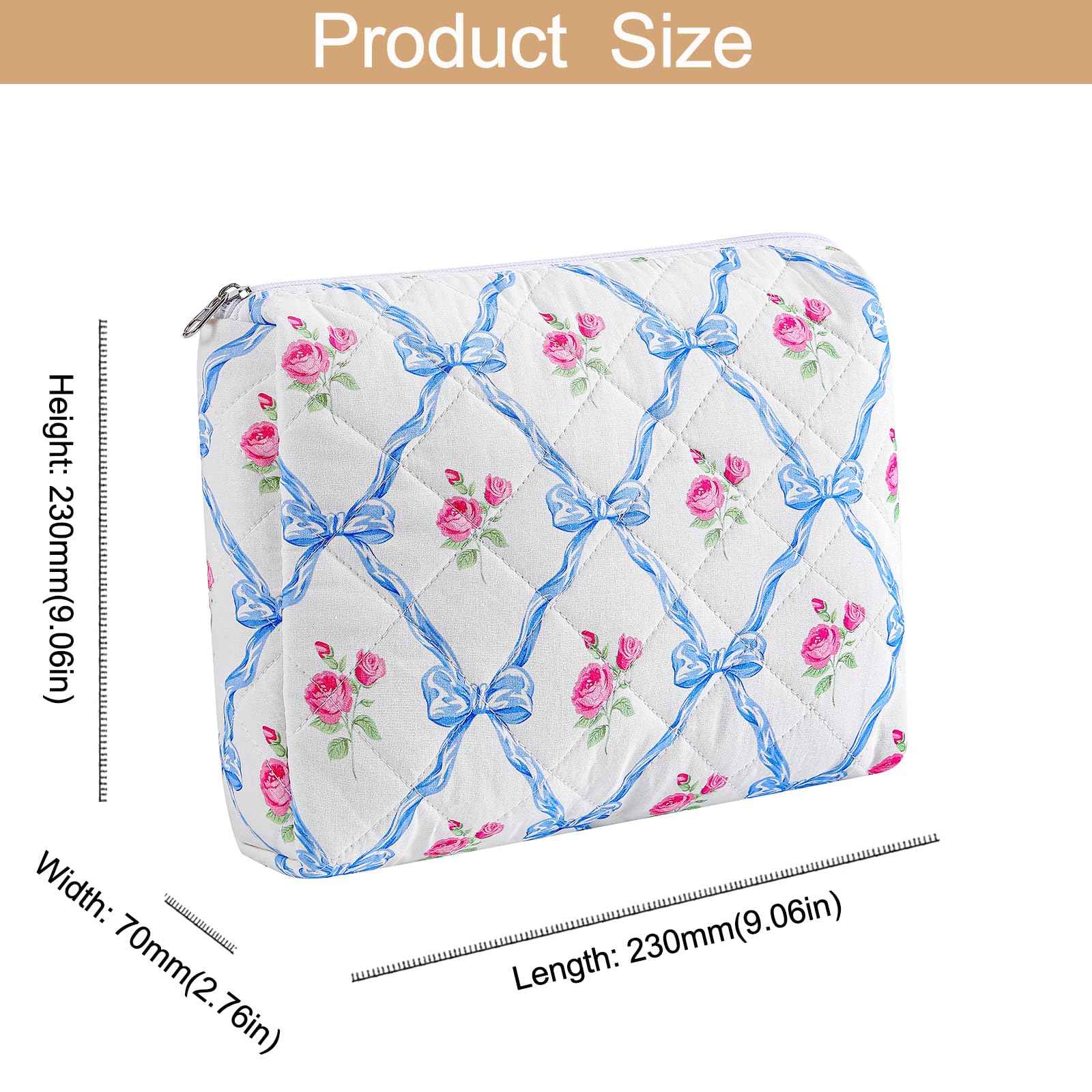HHQQWZ Quilted Cotton Makeup Bag Travel Cosmetic Bag for Women Girls, Zipper Make Up Pouch, Bow Pattern Toiletry Organizer Makeup, Portable Storage Bag (2 Pack: Blue Bowknot)