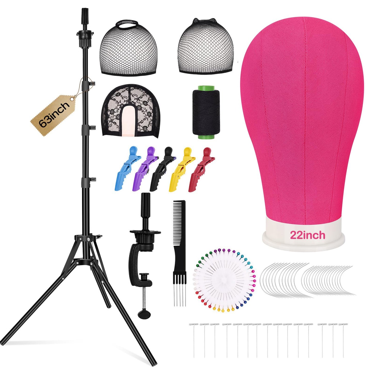 Beauty Star [ 63inch Tall ] Wig Stand Tripod with Head, 22inch Wig Mannequin Head with Adjustable Wig Tripod Stand Kit, Canvas Head for Making Wigs Display Styling Including Wig Caps, Pins and Comb