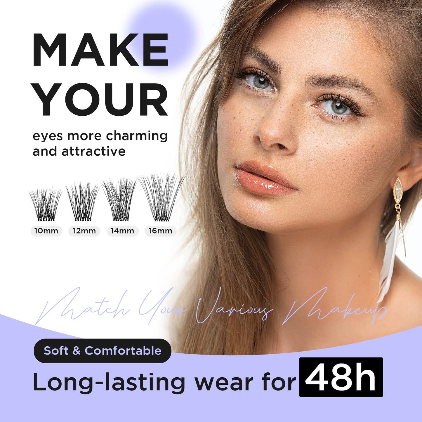 BEYELIAN DIY Eyelash Extension,Cluster Lashes Individual False Eyelashes Extension Natural Look Reusable Glue Bonded Super Thin Clear Band 48 Lash Clusters (Style3 0.07 12mm Clear Band)