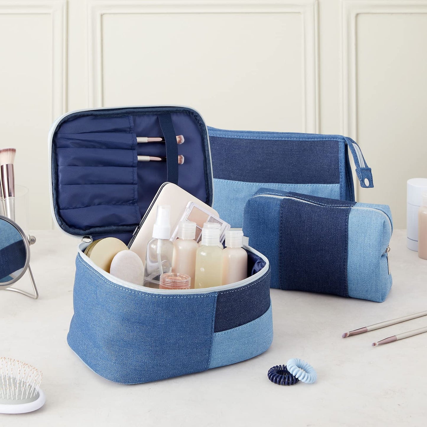 Glamlily 3-Piece Retro Jean Cosmetic Makeup Bag Set For Travel, Beauty Organization, Cotton Denim (3 Sizes: Large, Medium, Small)